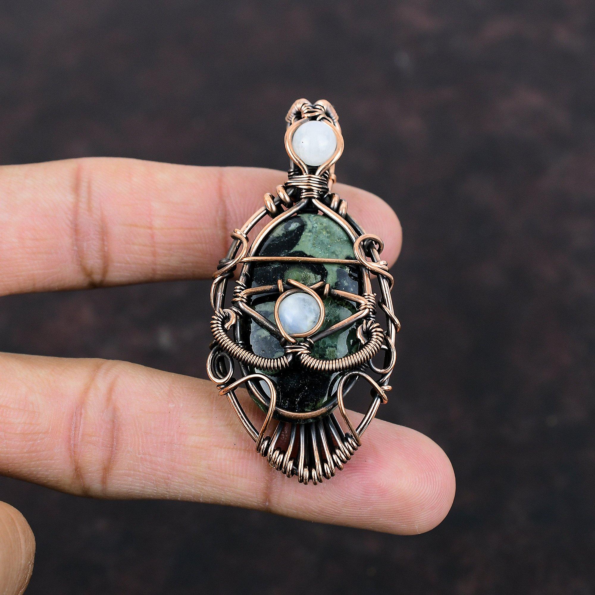 Кулон Глаз Дьявола из Камбаба Яшмы, обернутый медной проволокой, Кулон с драгоценным камнем, Кулон из Радужного Лунного Камня, Кулон ручной работы в стиле бохо, Медные украшения в подарок