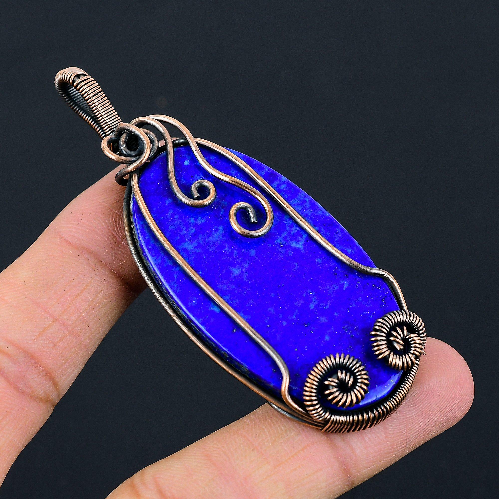 Лазурит Драгоценный камень Чистая медная проволока Обернутая ювелирная подвеска ручной работы