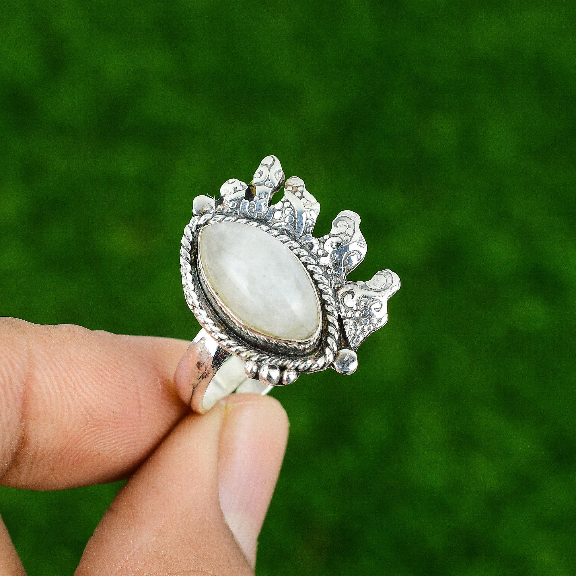 Natural Rainbow Moonstone Gemstone Stackable White Adjustable Ring 925 Silver