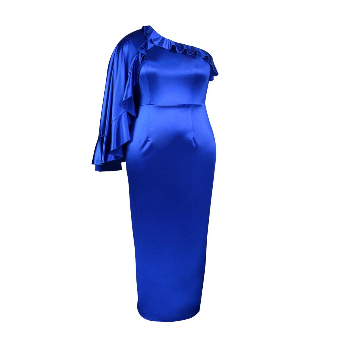 AOMEI Blue Satin Sheath Dresses for Women One Shoulder Ruffles Long Sleeves Bodycon Celebrate Birthday Cocktail Event Party Long Outfits