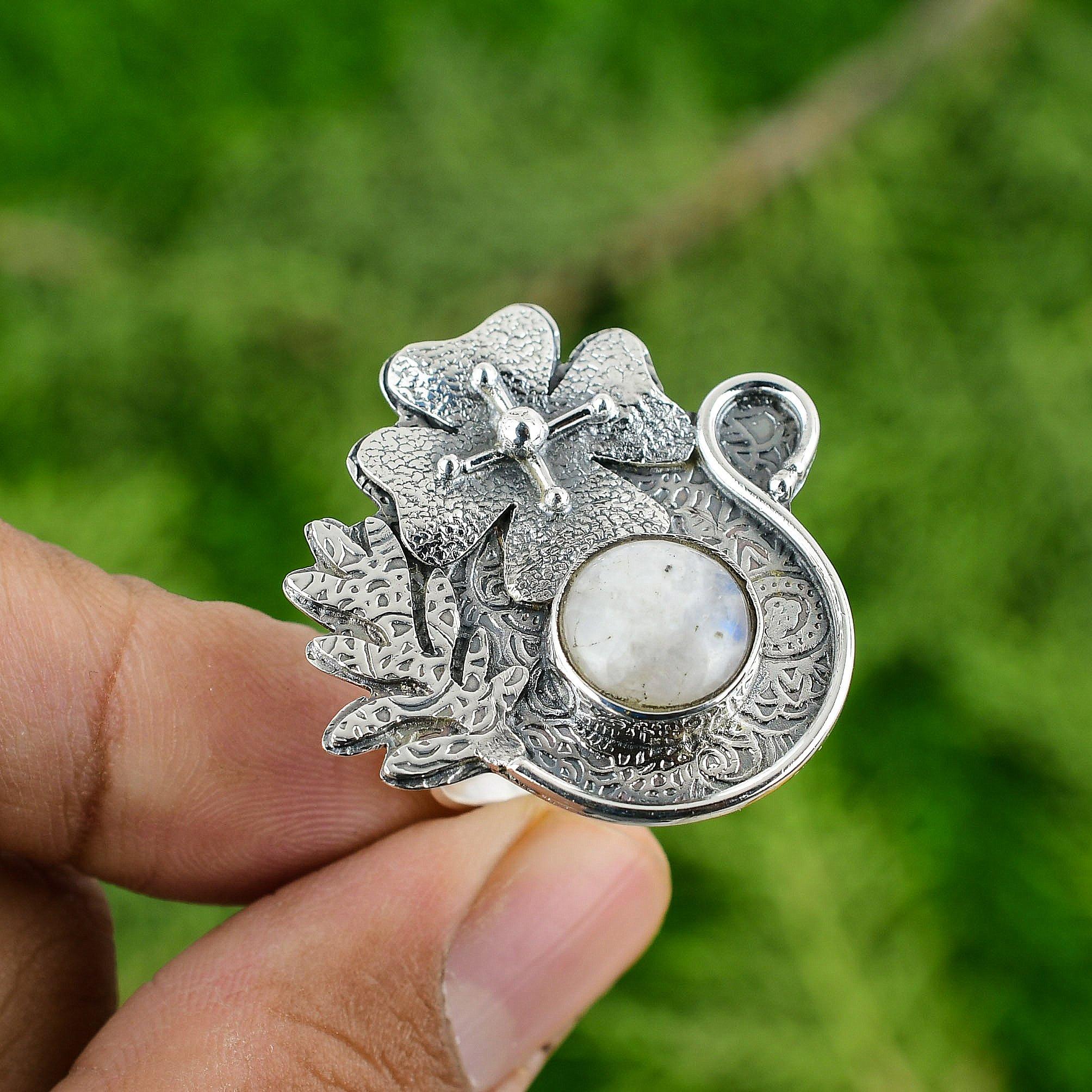 Natural Rainbow Moonstone Stackable Flower Adjustable Ring 925 Silver For Women