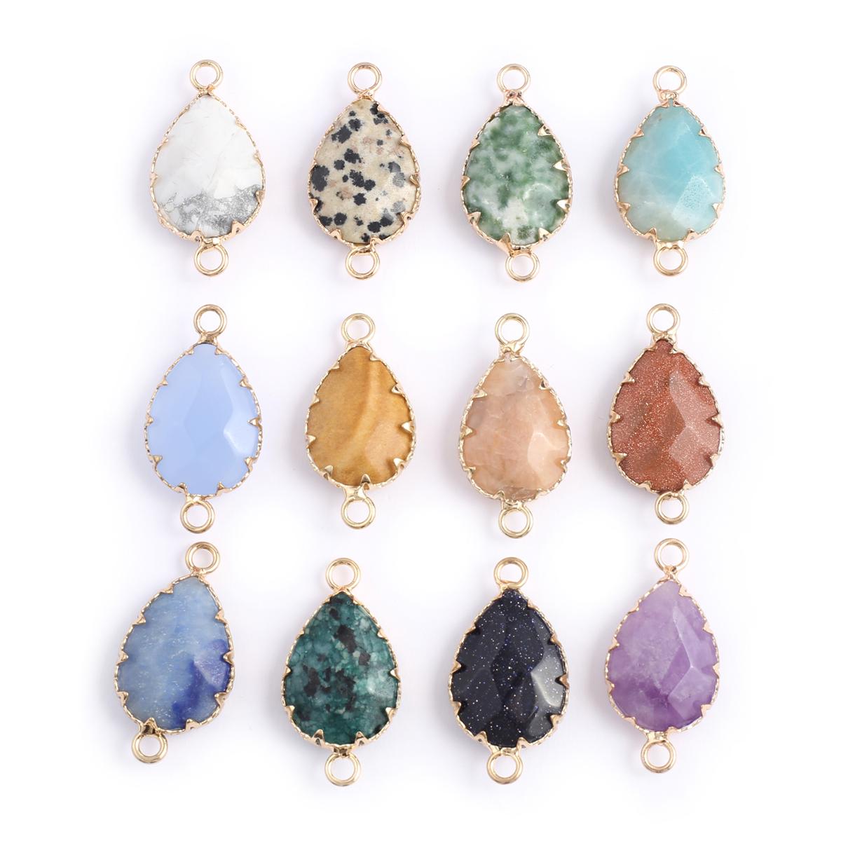 1Pc Small Natural Stone Healing Crystal Connector, Teardrop Shape Golden Edge Pendant Connectors for Jewelry Making DIY Necklace Accessories 16x26 Mm