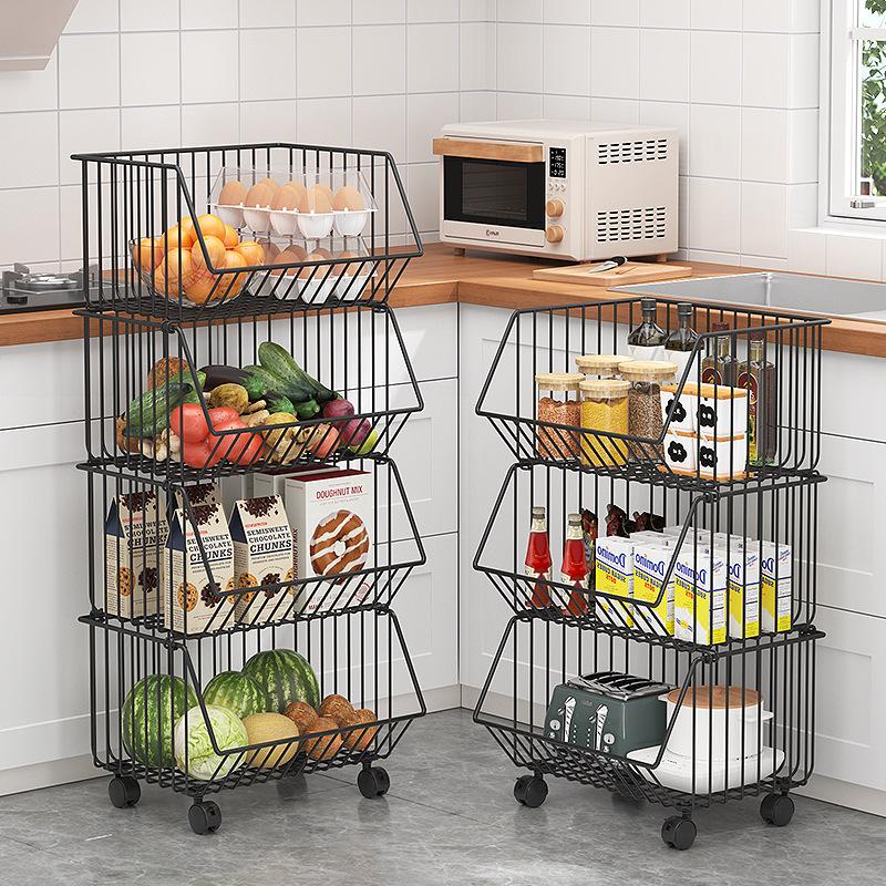 Fruit Vegetable Storage Basket,4 Tier Stackable Metal Wire Storage Baskets with Wheels,Fruit Vegetable Produce Basket Organizer Bins