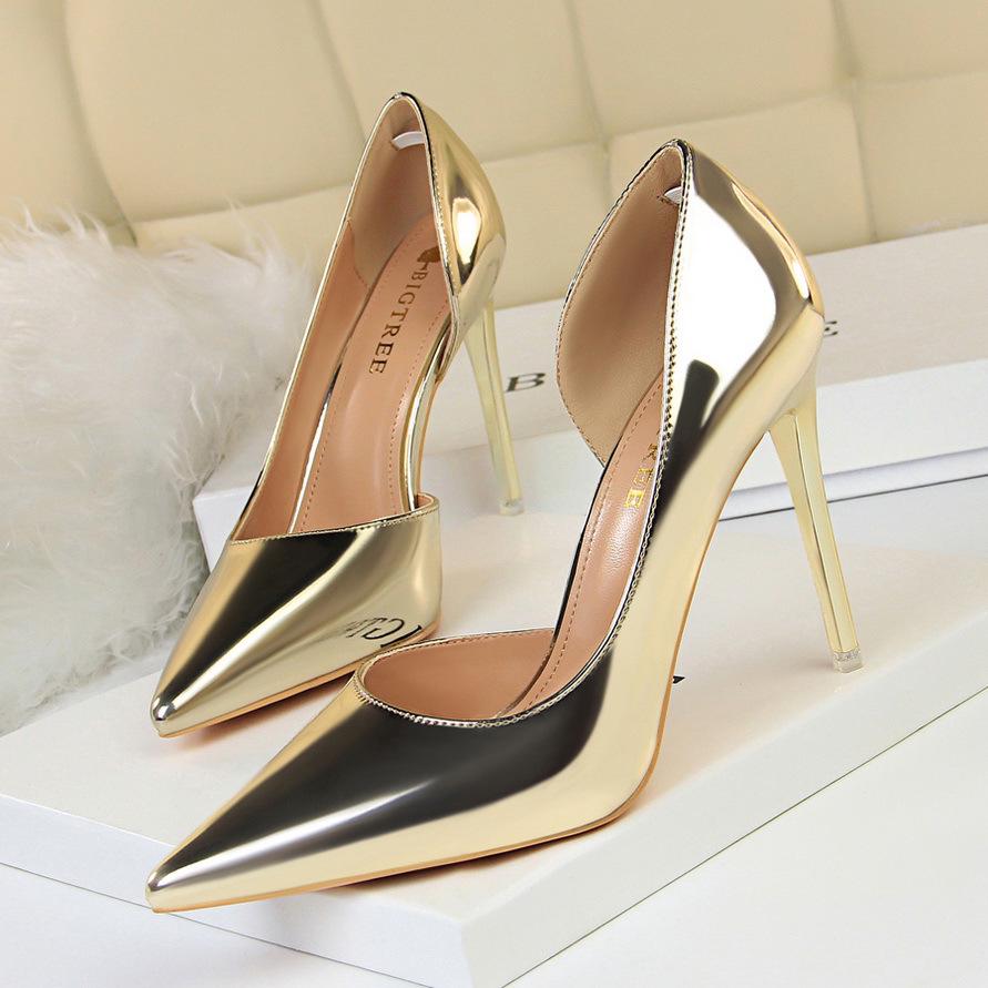 Bigtree European and American Style High Heels Simple Fine Heel Metal Heel 10.5cm High Heel Shallow Mouth Pointed Side Hollow Sexy Single Shoe