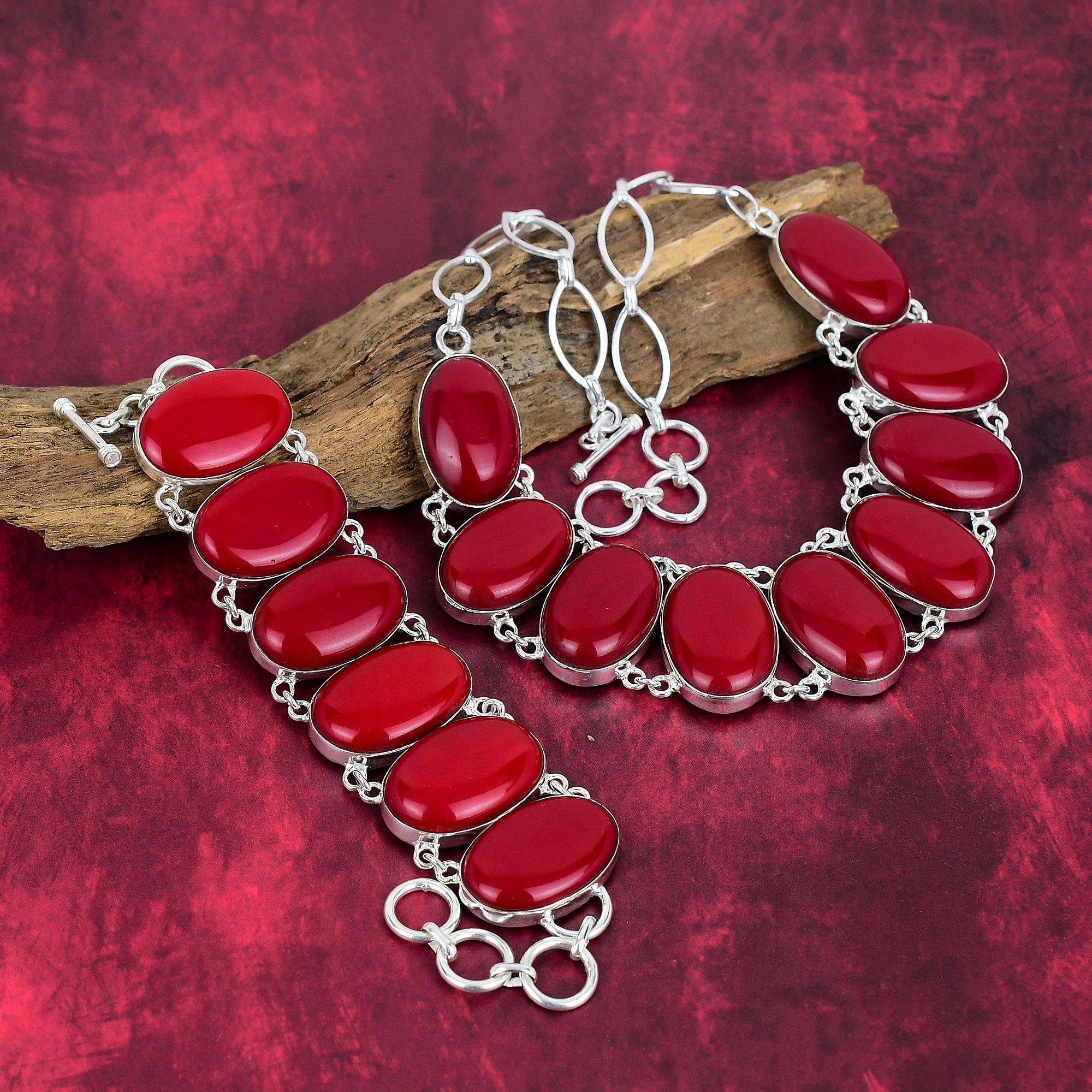 Ювелирные изделия из стерлингового серебра 925 пробы с красным кораллом, комплект ювелирных изделий из браслета и ожерелья ручной работы для женщин, красивые украшения из драгоценных камней из красного коралла для нее