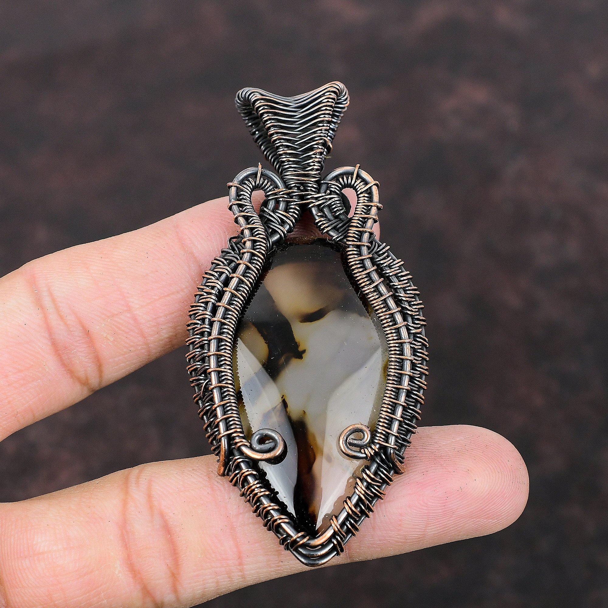 Подвеска из агата Монтана, подвеска из медной проволоки, подвеска из драгоценного камня ручной работы, ювелирное изделие в обертке, подвеска из камня по дате рождения, уникальное ювелирное изделие из меди