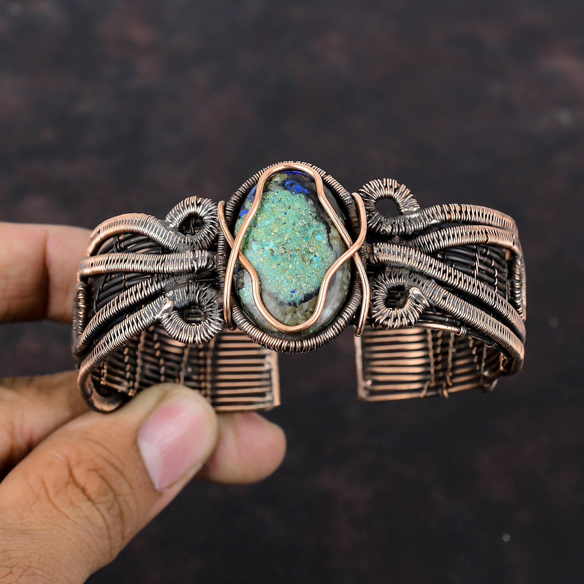 Браслет-манжета с азуритом и малахитом, медная проволока, браслет-манжета, браслет ручной работы, регулируемый браслет-манжета, медные украшения, подарок для мамы