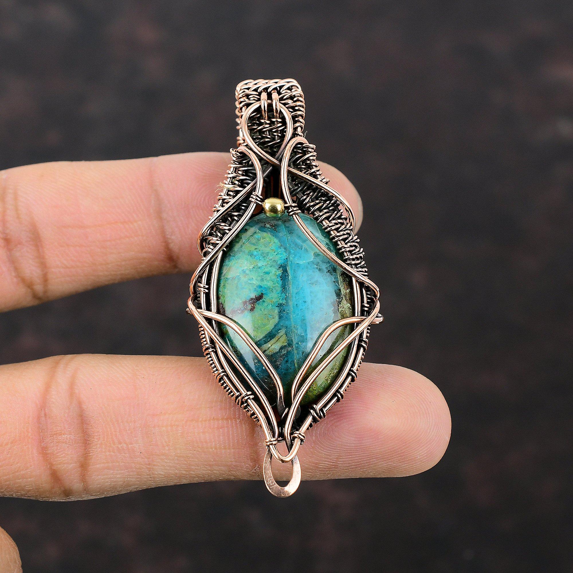 Подвеска из хризоколлы, обернутая медной проволокой, элегантная подвеска, медные украшения, подвеска ручной работы, украшения в технике wire wrap, подарок для мамы