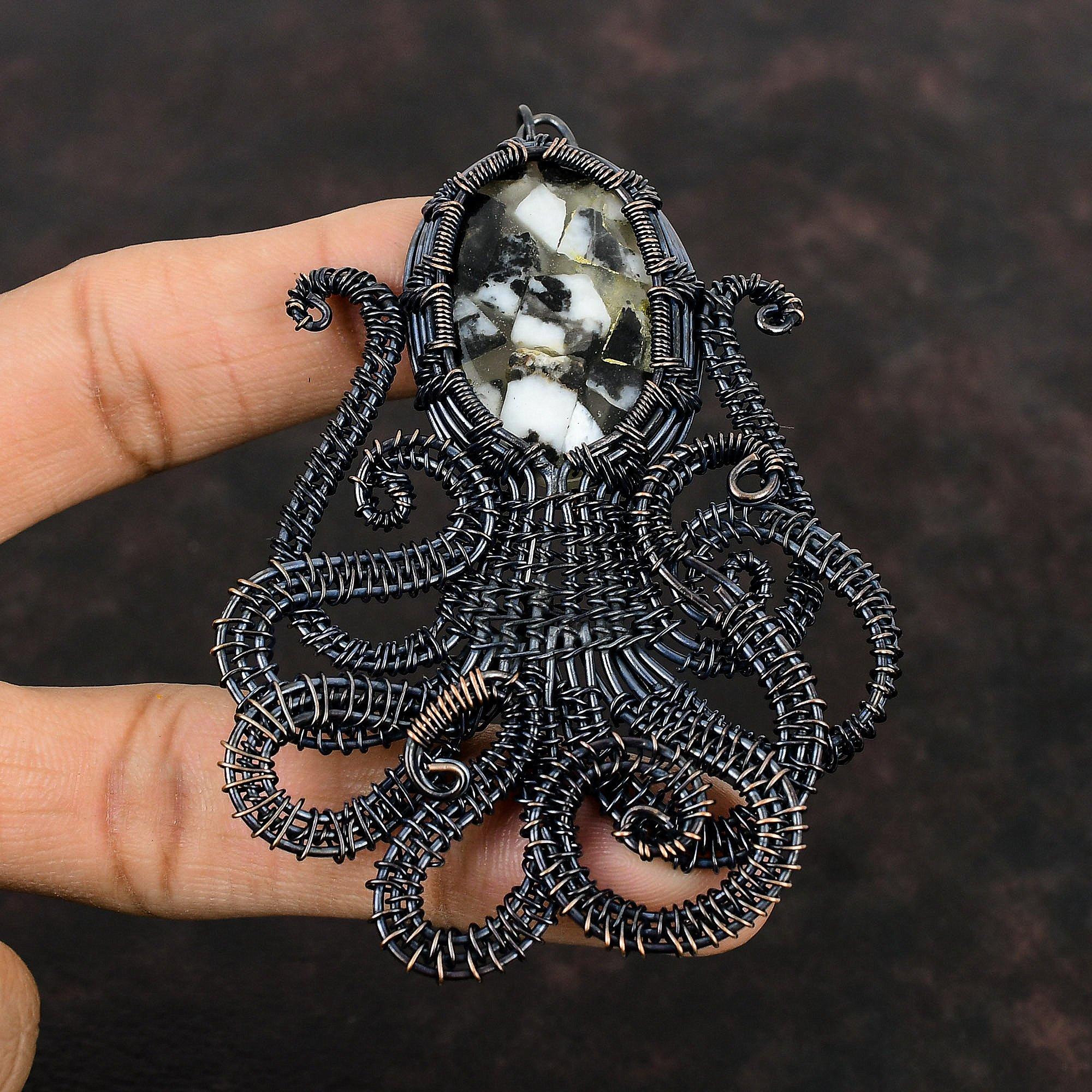 Медный черно-белый бирюзовый кулон, медная проволока, обернутая кулоном, драгоценный камень, медные украшения, изящный кулон ручной работы, кулон в виде осьминога для подарка