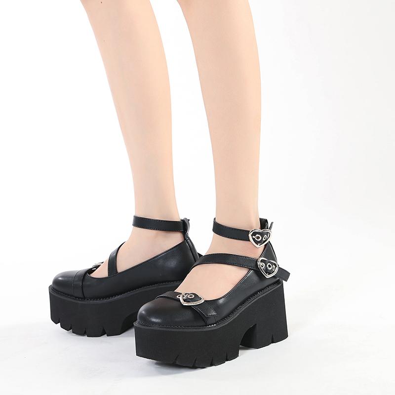 Gdgydh Женские туфли Мэри Джейн на платформе на массивном каблуке с весенней крестообразной повязкой Kawaii Cospaly с пряжкой в форме сердца