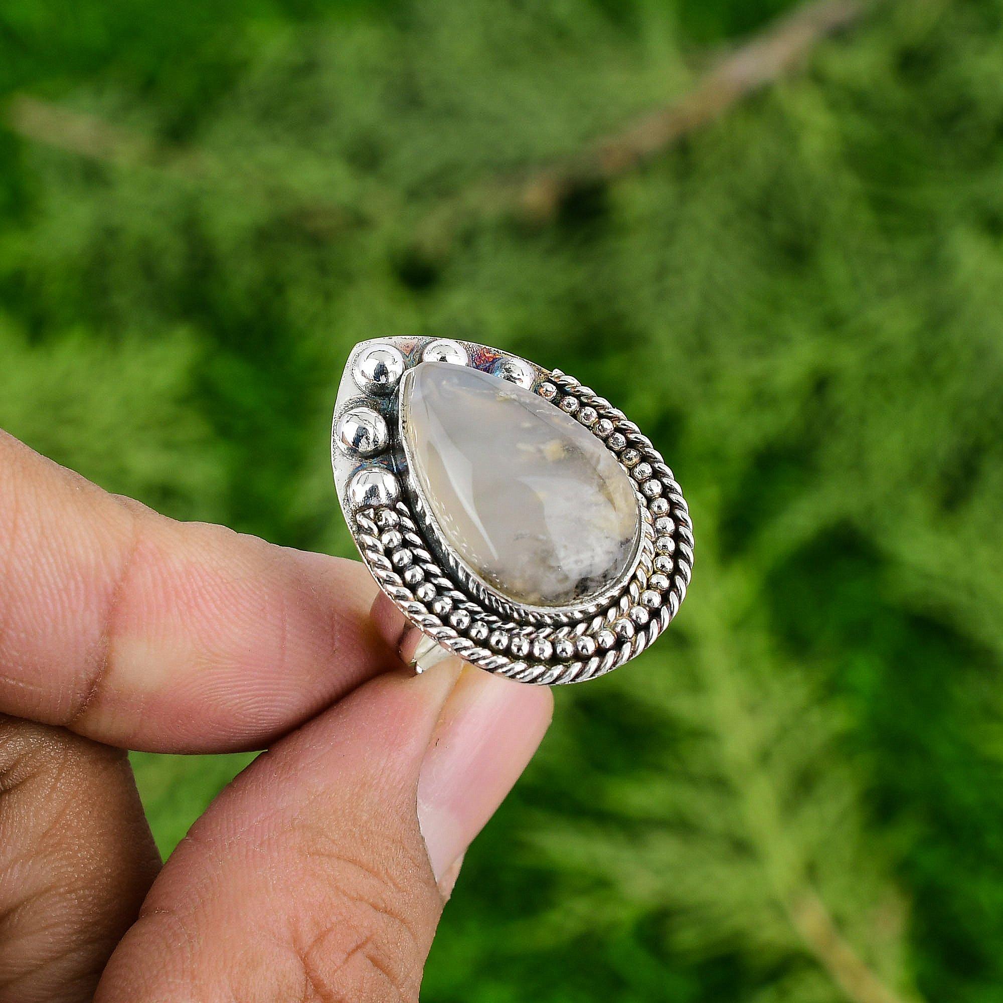 Sterling Silver Plume Agate Gemstone Statement Promise Mother New Ring Jewelry