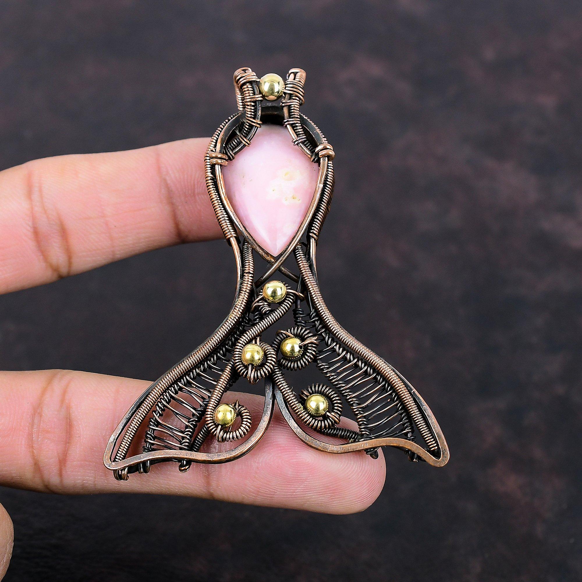 Pink Opal Gemstone Pendant Copper Wire Wrapped Pendant Fish Pendant Designer Copper Jewelry Handmade Pendant Elegant Jewelry Gift For Mother
