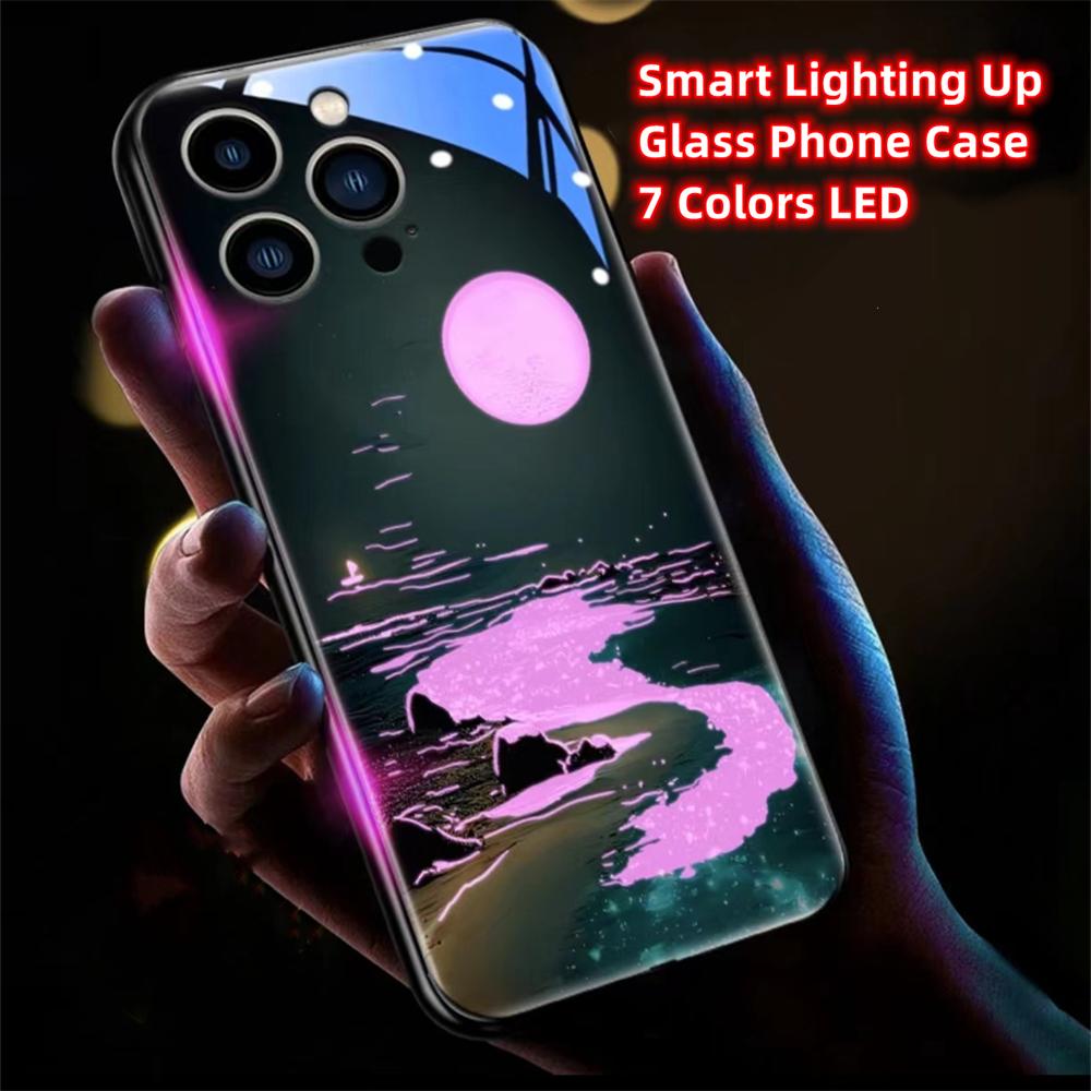 Luminous Phone Case Meteor Beach Luminous Glass LED Call Flash Phone Protective Case Suitable for IPhone
