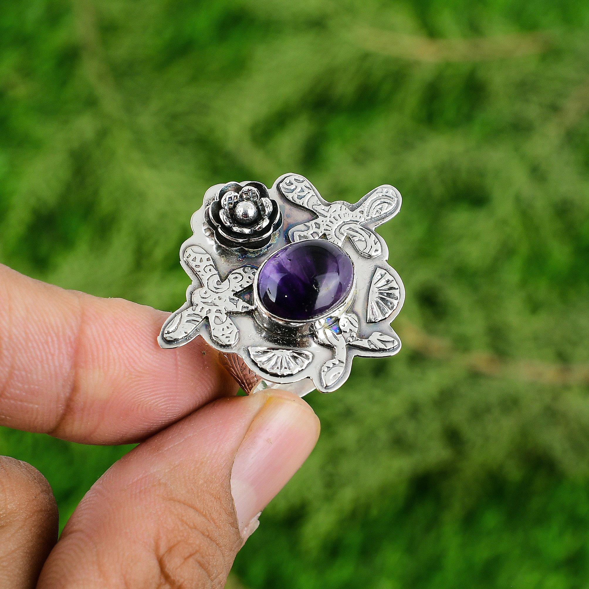 Natural Star Amethyst Statement Flower Adjustable Ring 925 Silver For Women