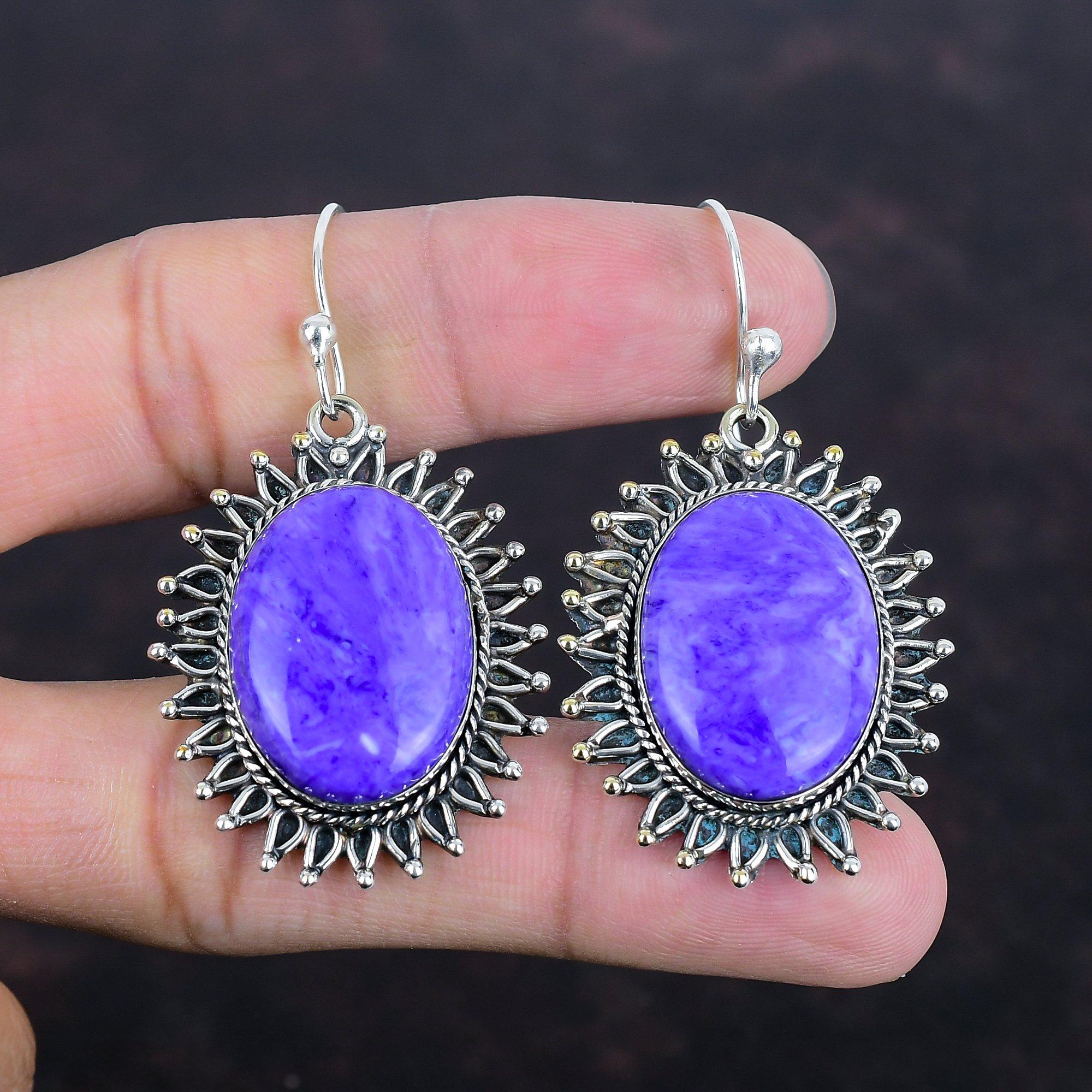 Серьги с драгоценными камнями чароит, ювелирные изделия ручной работы, серьги из стерлингового серебра 925 пробы, оригинальные ювелирные изделия с чароитом, потрясающие висячие серьги, подарки на годовщину