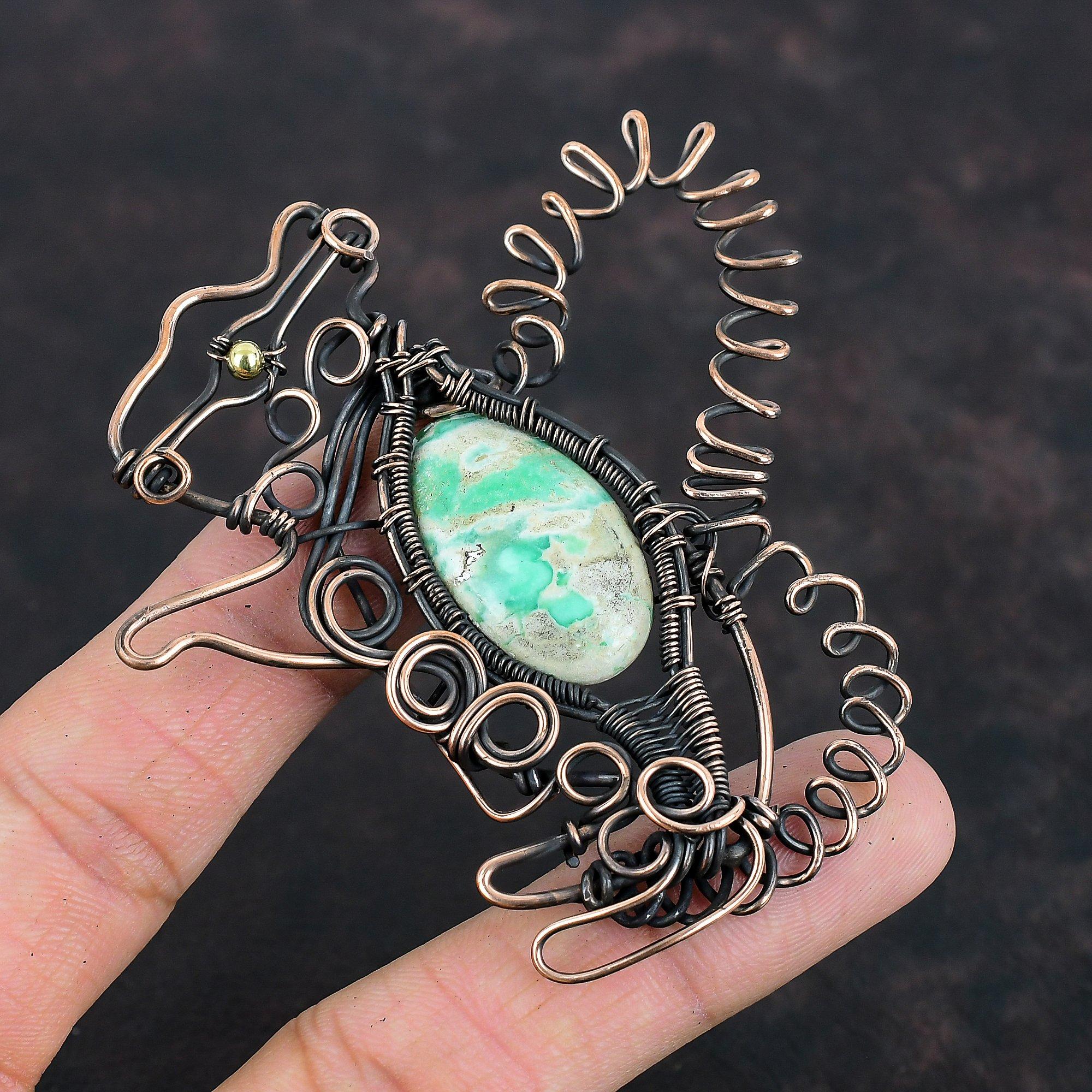 Подвеска из драгоценного камня варисцит, медная проволочная обертка, варисцит, медные украшения, подвеска в виде кролика, ручная работа, проволочная обертка, ювелирные изделия, подарки для матери