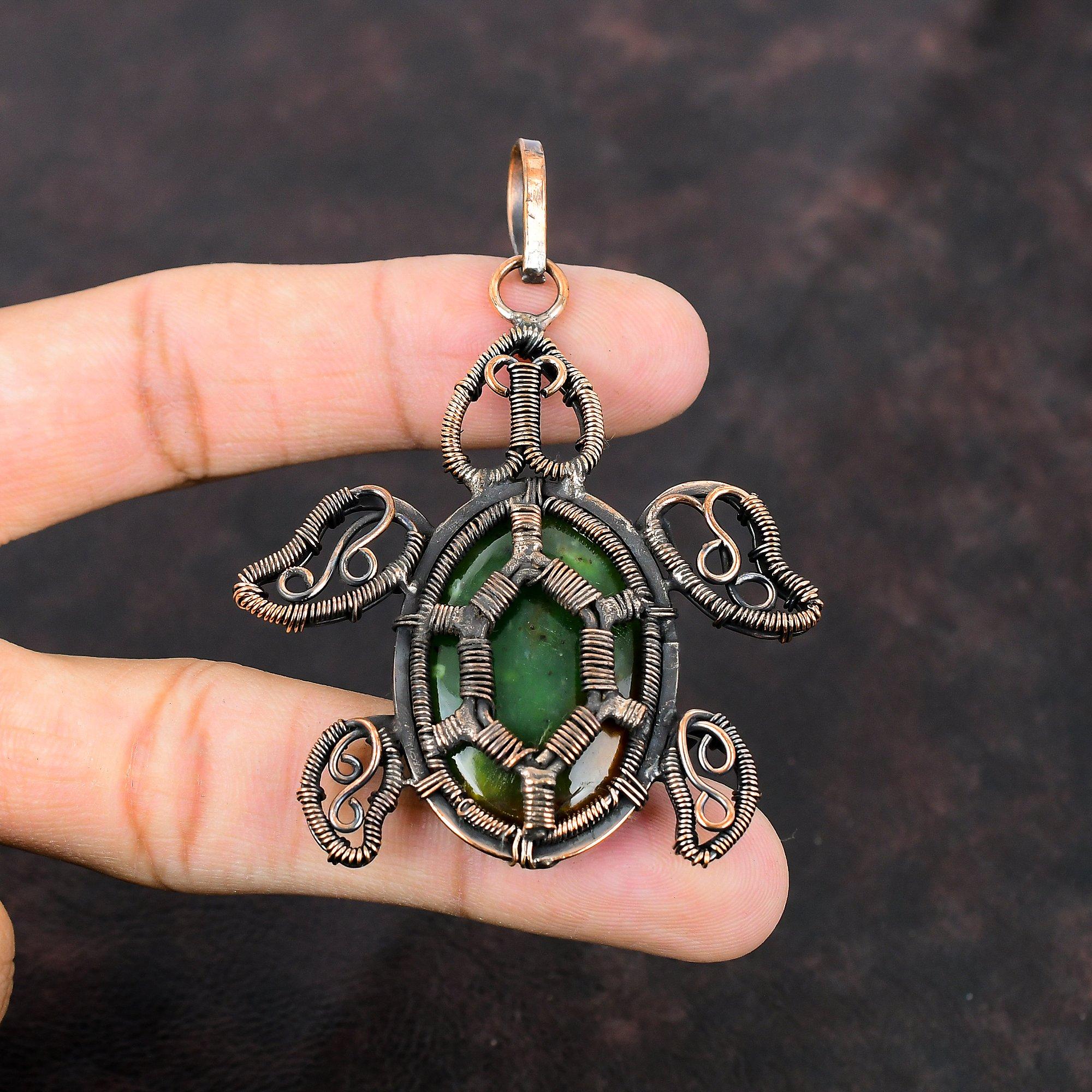 Подвеска из хризопраза Боулдера, подвеска из медной проволоки, ювелирное изделие ручной работы, подвеска из драгоценного камня черепахи, медная бижутерия, женская подвеска, подарок для мамы