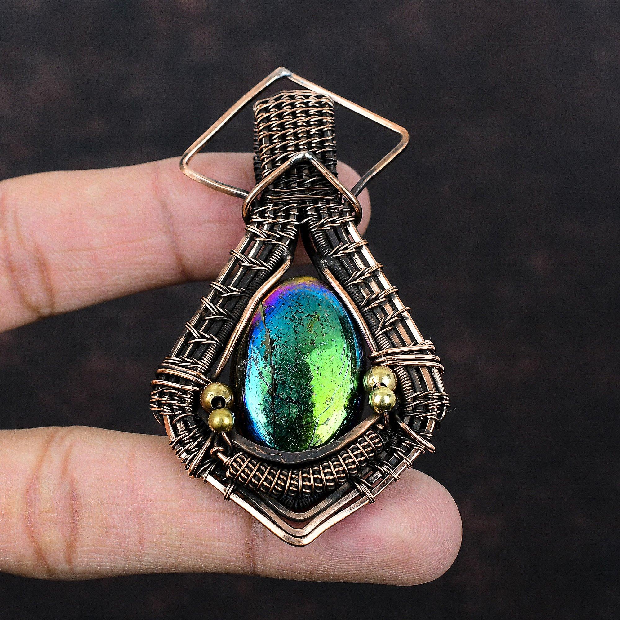 Кулон Mystic Fire Labradorite, подвеска из медной проволоки, подвеска ручной работы, антикварное медное украшение, подвеска из натурального драгоценного камня, подарок на помолвку