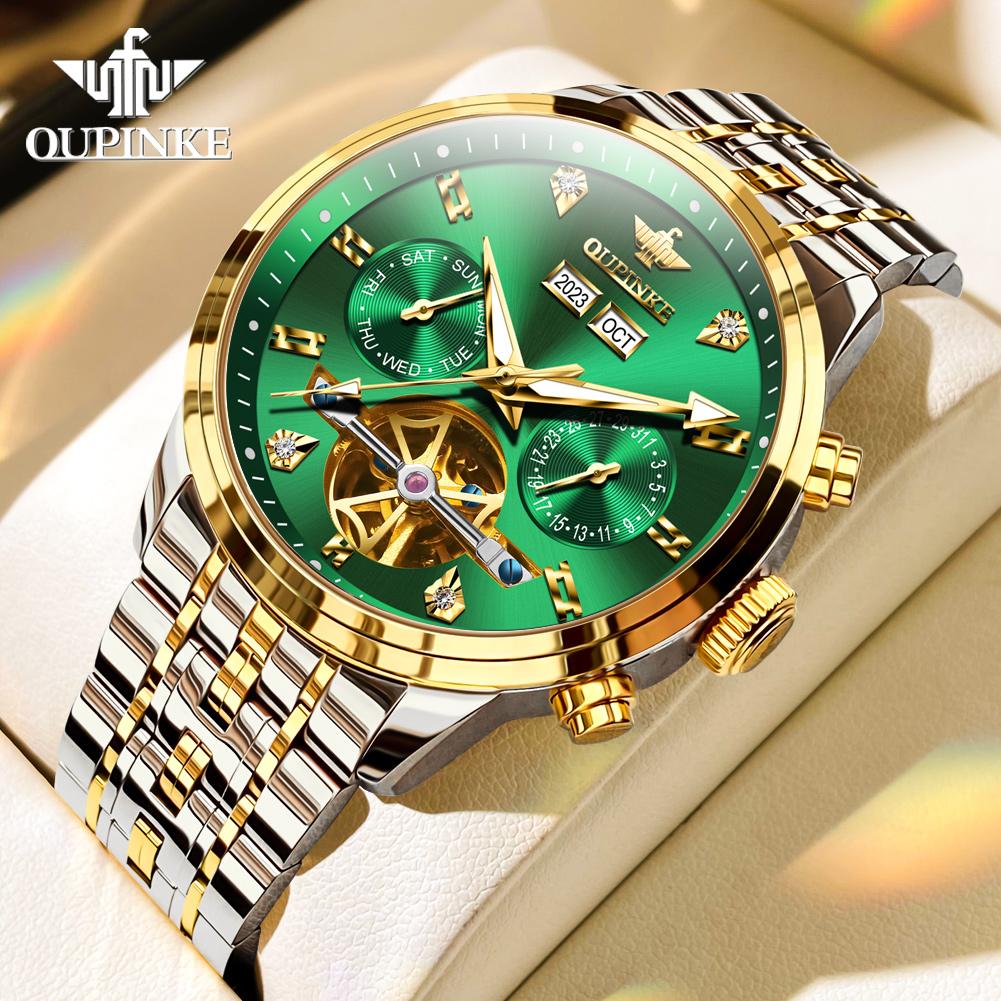 OUPINKE Men's Watch Mechanical Watch Green Water Ghost Multifunctional Mechanical Watch High -end Watch