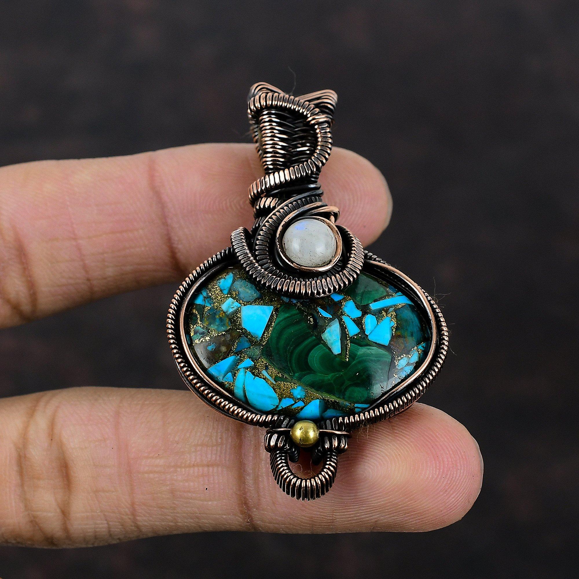 Медный малахитовый бирюзовый кулон, обернутый медной проволокой, ювелирное изделие, кулон с лунным камнем, драгоценный камень, подарок маме, кулон из медной проволоки ручной работы