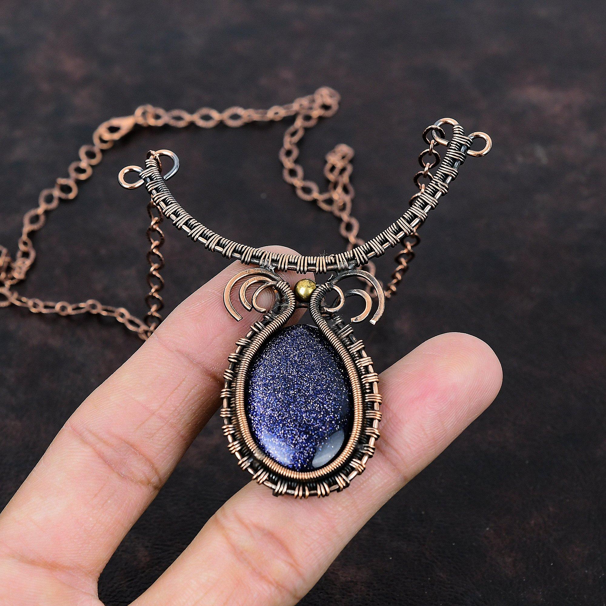 Ожерелье из синего солнечного камня, ожерелье из медной проволоки с драгоценными камнями, ювелирные изделия ручной работы из меди, регулируемое ожерелье, ювелирные изделия с проволочной обмоткой, подарки на годовщину