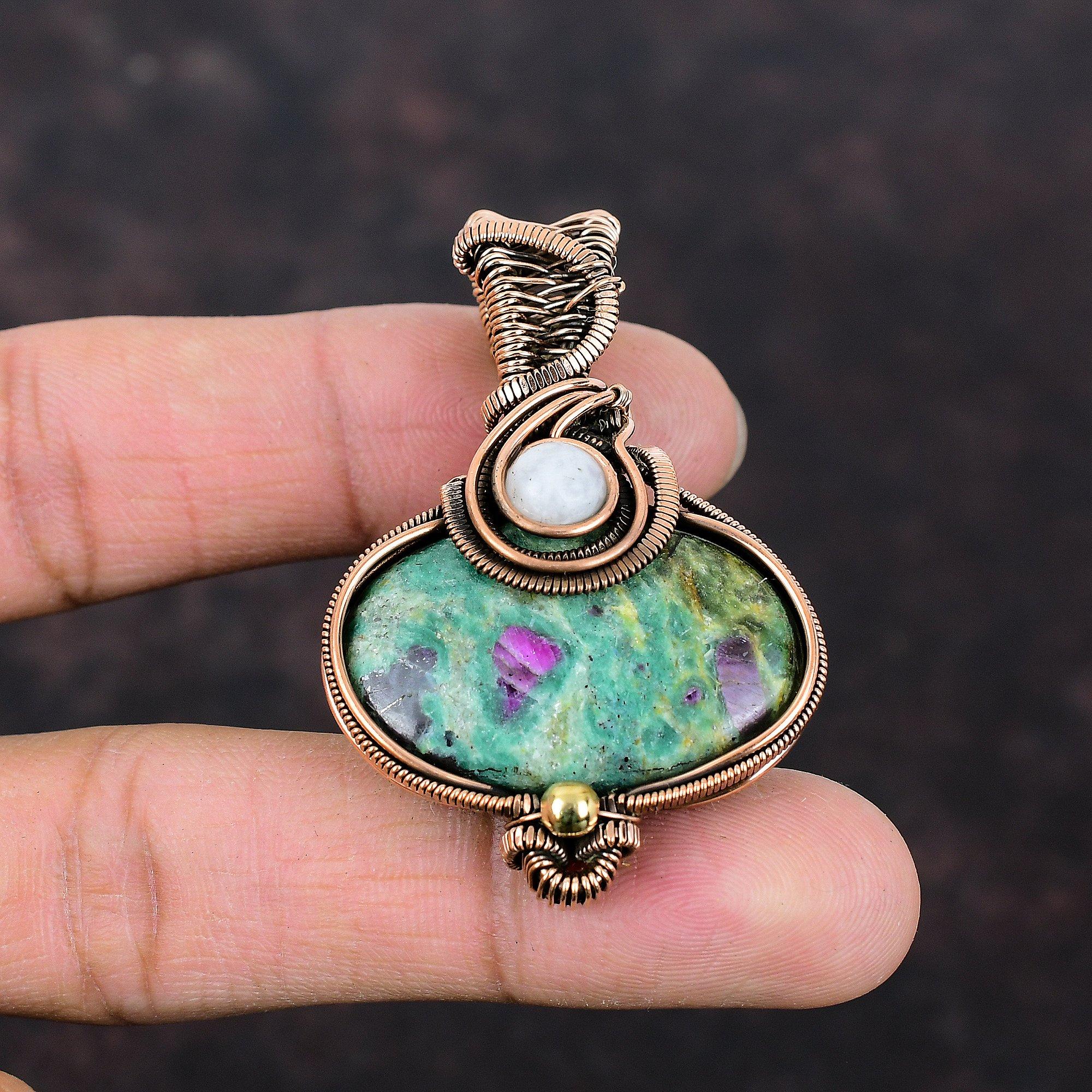 Подвеска из рубина и фуксита, подвеска из медной проволоки, подвеска ручной работы, подвеска из радужного лунного камня, антикварная медная бижутерия, подарок для матери