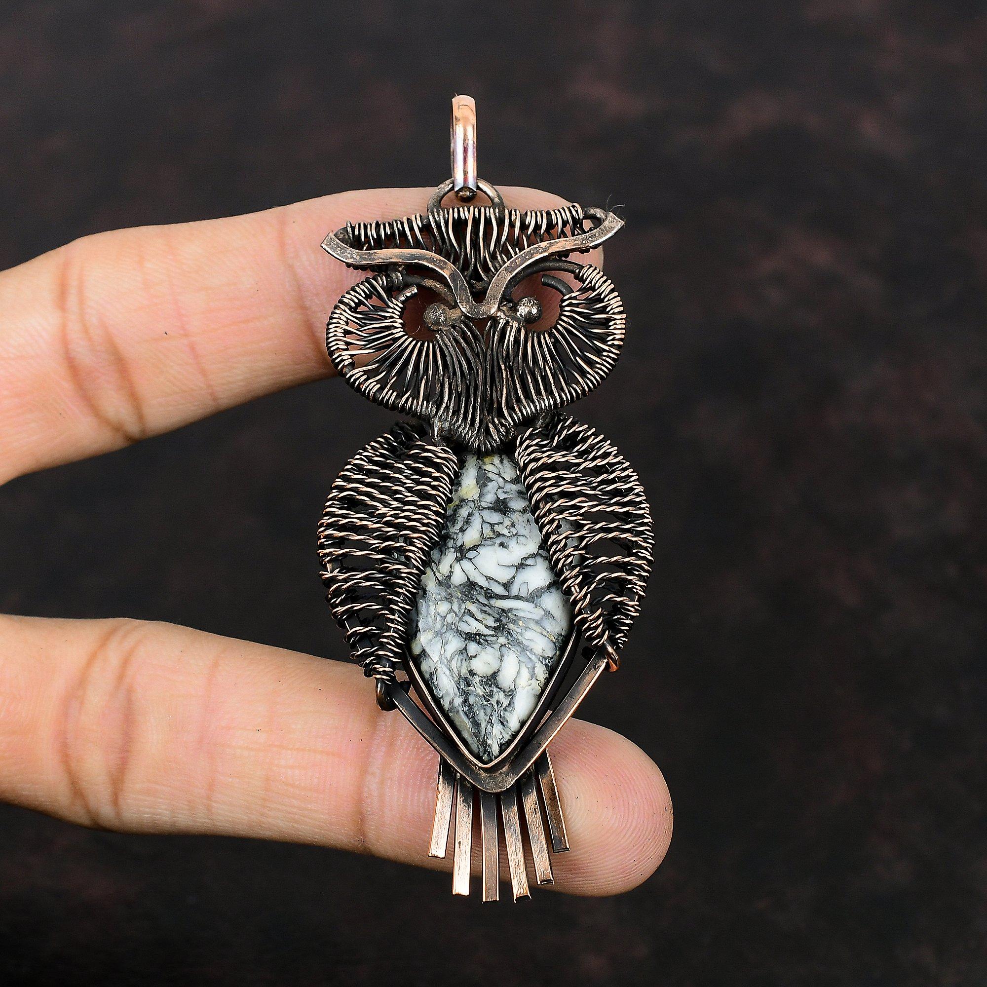 Pinolith Jasper Pendant Copper Wire Wrapped Pendant Handmade Pendant Copper Jewelry Owl Gemstone Pendant Wire Wrapping Jewelry Gift For Wife