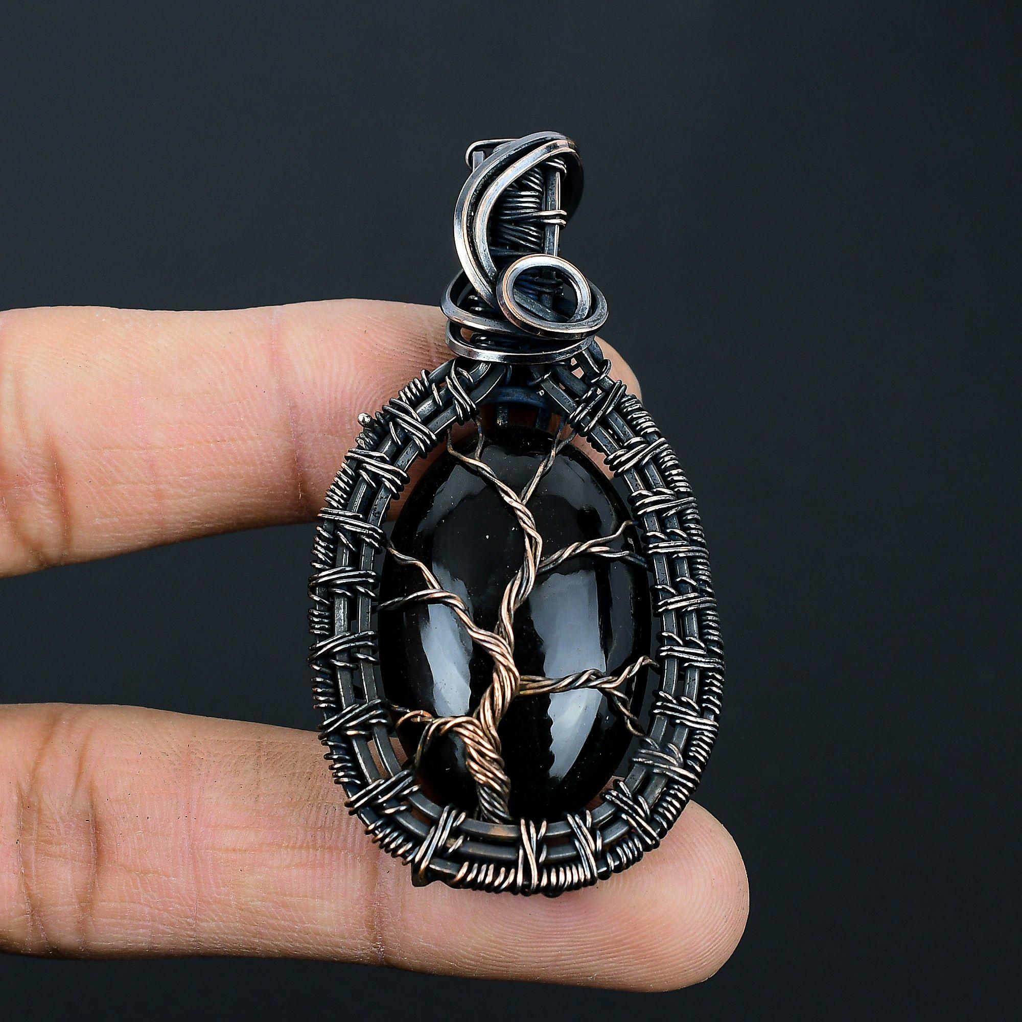 Black Obsidian Gemstone Handmade Pure Copper Wire Wrap Jewelry Pendant For Women