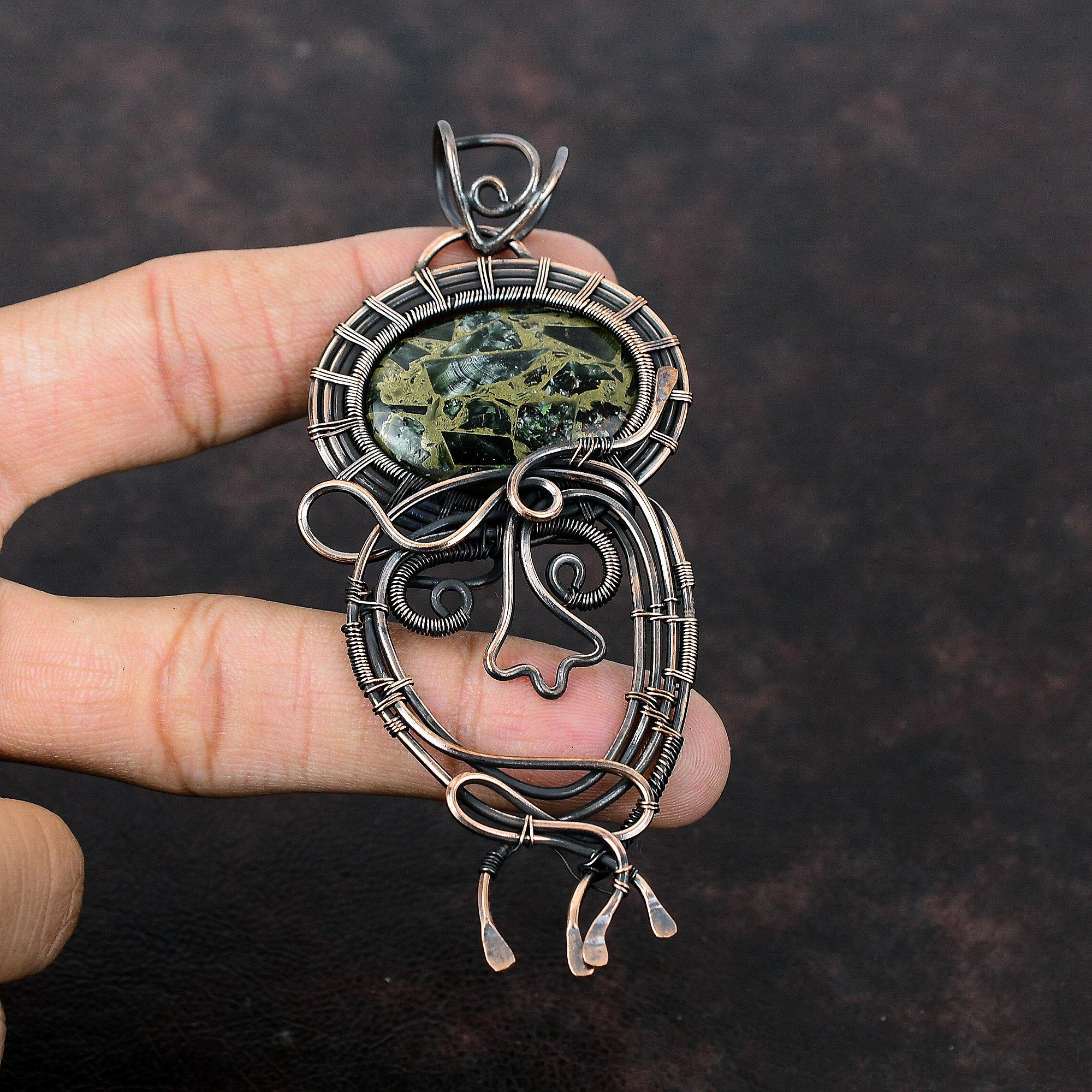 Медный кулон с серафинитом Кулон, обмотанный медной проволокой Кулон с драгоценным камнем Дизайнерский кулон из медной проволоки для подарка Украшения ручной работы