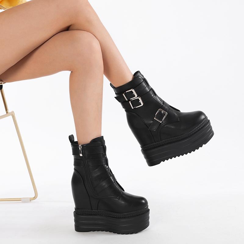 Gdgydh Women's Trendy Platform Boots Fashion Side Zipper Buckle Strap Design Stylish Mid Calf Boots Height Increasing
