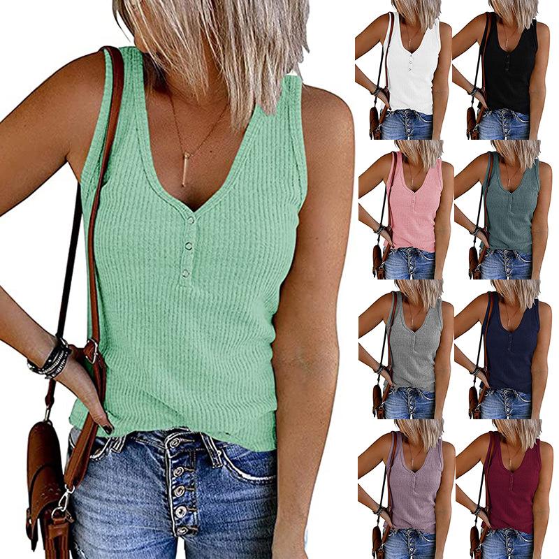Summer Women's Vest Breasted Knitted Vest Solid Color V-neck Sleeveless Top Female