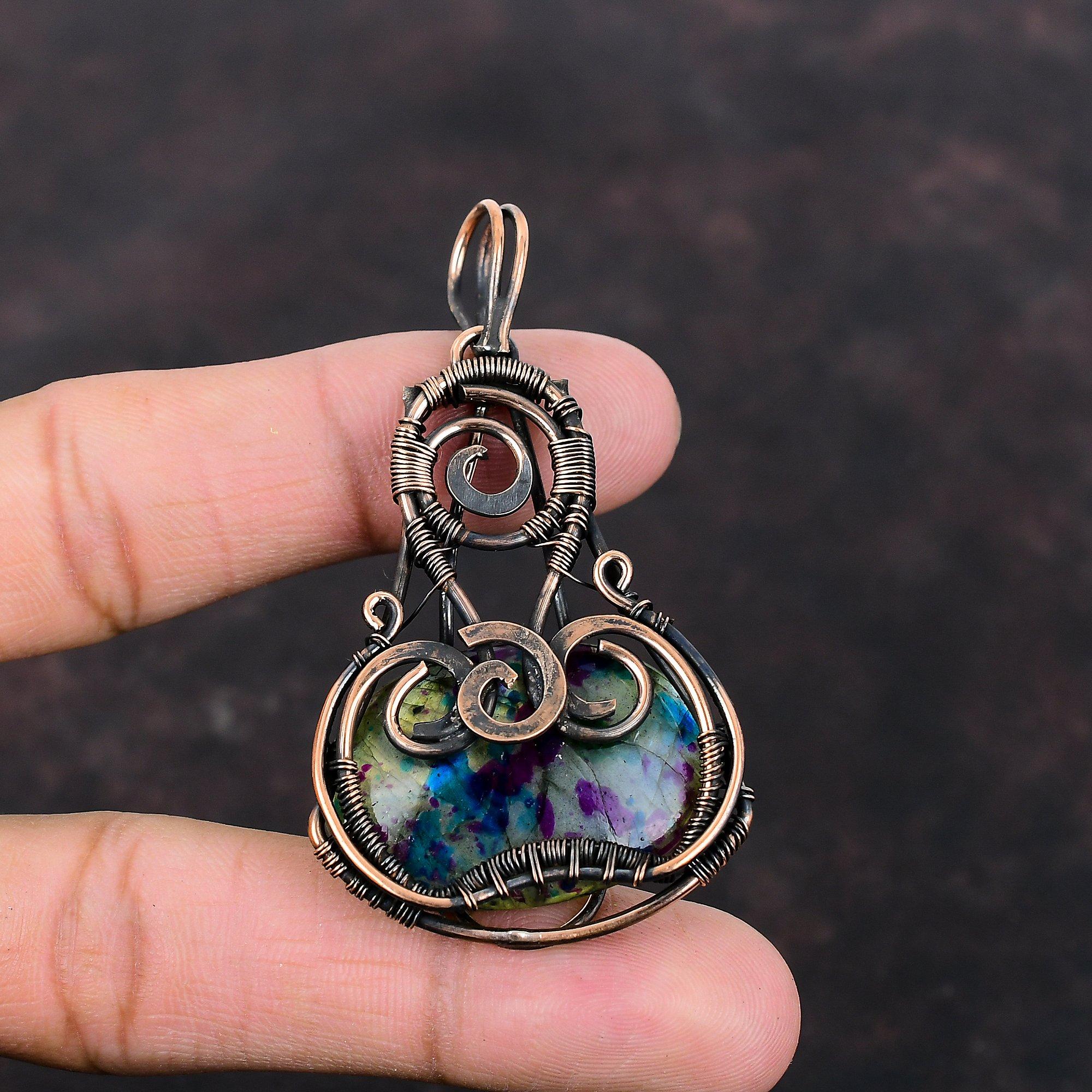 Кулон из многоцветного огненного лабрадорита, обернутый медной проволокой, ювелирное изделие, подвеска из драгоценного камня, этническое украшение ручной работы, обернутый медной проволокой, подарок для матери