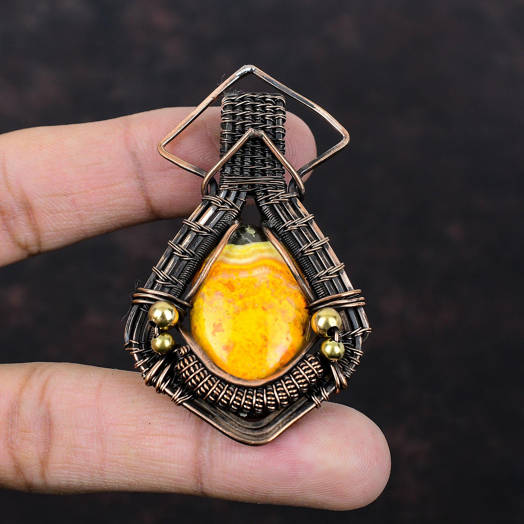 Подвеска Bumble Bee Jasper, подвеска из медной проволоки с драгоценным камнем, медное ювелирное изделие, подвеска ручной работы, красивое ювелирное изделие с проволочной обмоткой, подарок на годовщину