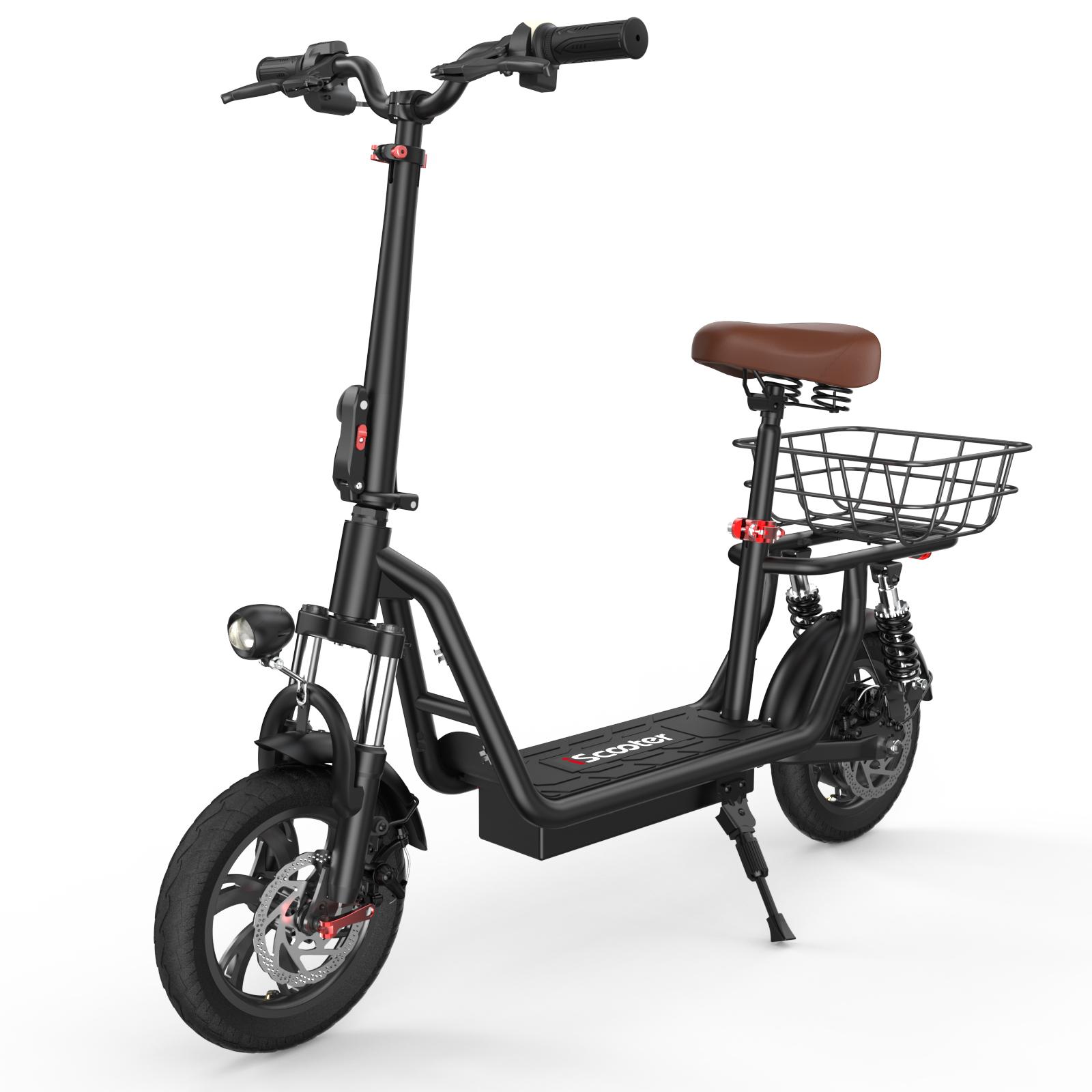 iScooter I12 Folding Electric Scooter with 12" Large Wheel, Rear Basket, Seat, 500W Motor, 36V7.5Ah Battery, LED Display, Disc Brakes