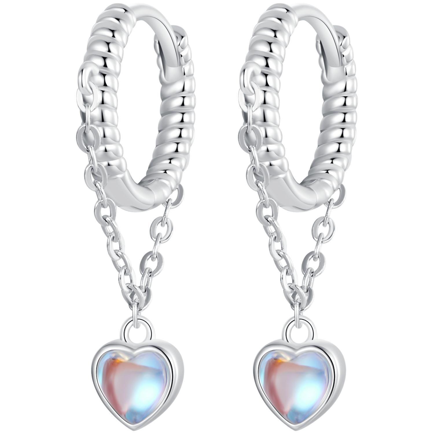 Серьги-капли BAMOER из белого золота с покрытием Huggie в форме сердца, серьги-капли с лунным камнем, женские серьги из стерлингового серебра 925 пробы, гипоаллергенные серьги с фианитом