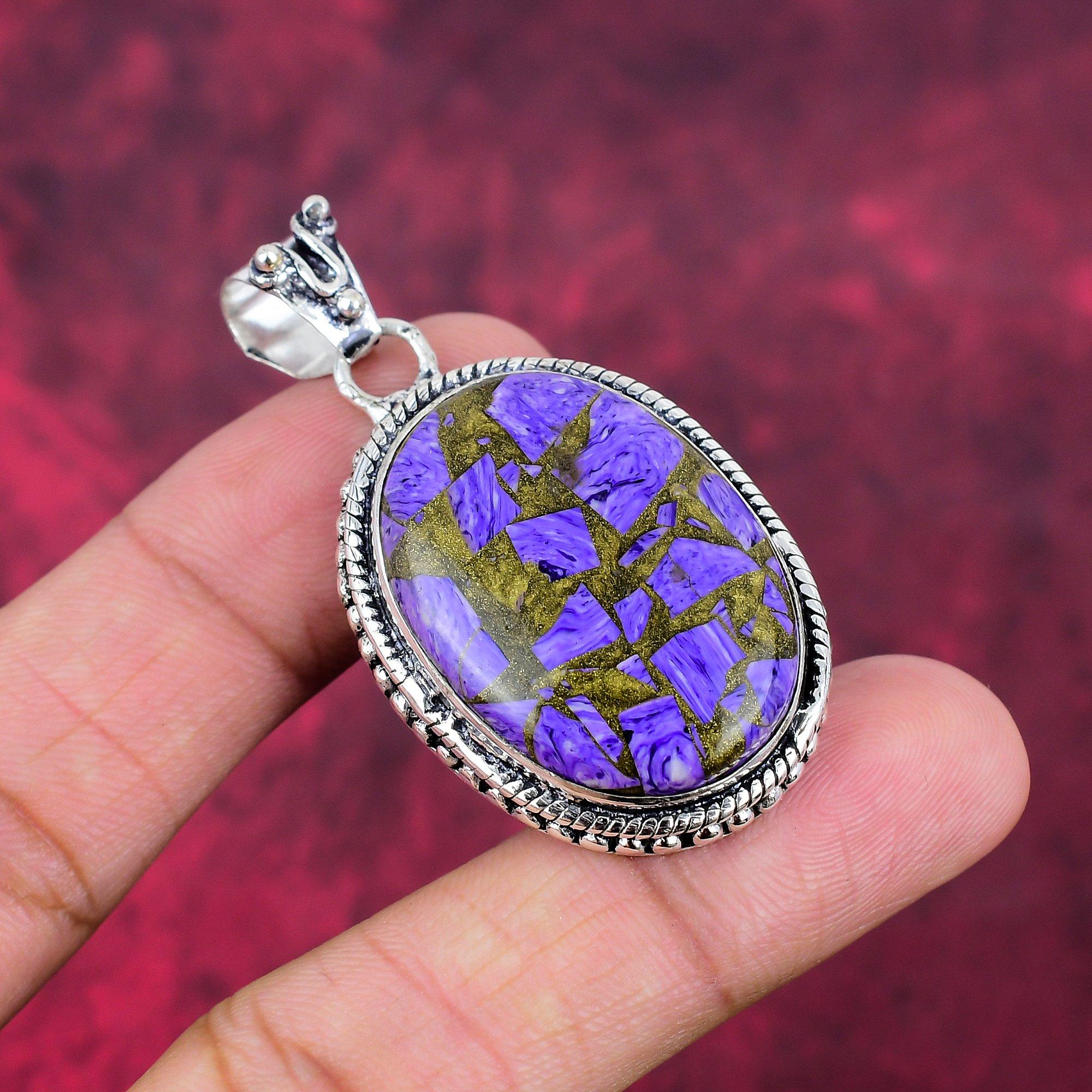 Медный кулон с чароитом, драгоценный камень, кулон из стерлингового серебра 925 пробы, подарок ручной работы для жены, кулон, ювелирное изделие