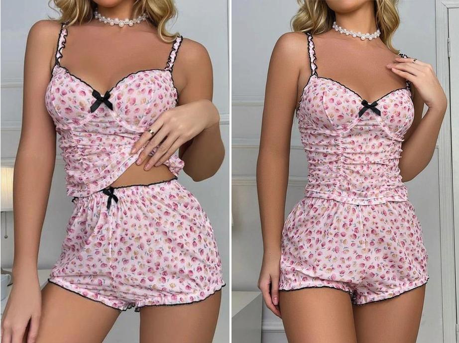Bella Notte Pink Floral Underwired Pajama Set with Shorts - Stylish and Comfortable Sleepwear for Women