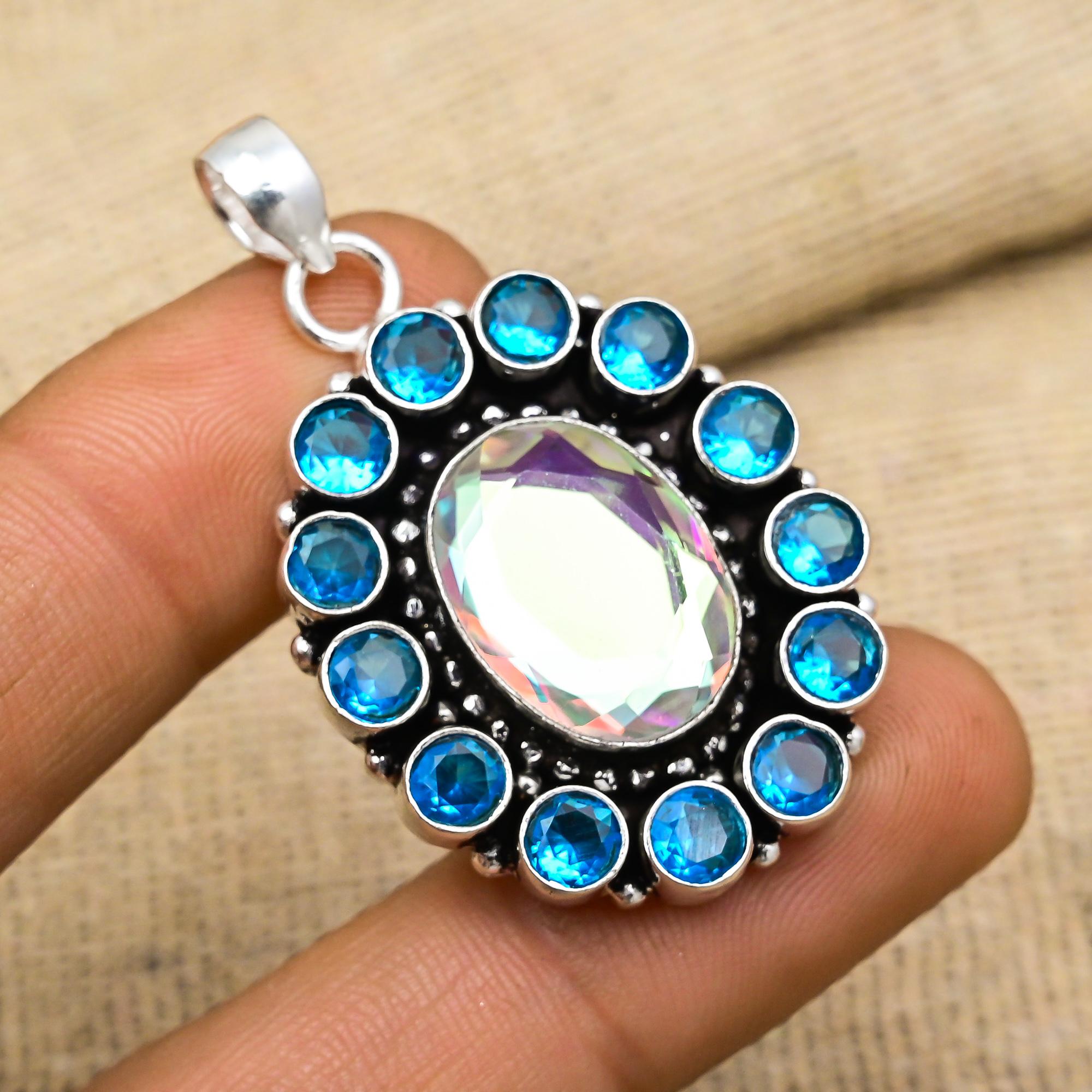 Mystic, Blue Topaz Gemstone 925 Solid Sterling Silver Jewelry Pendant For Wedding Gift
