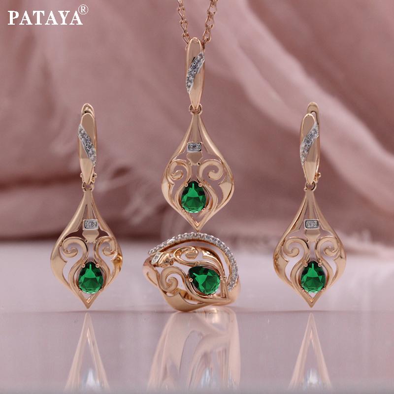 PATAYA Классический цвет розового золота, серьги, кольцо, подвеска, ожерелье, комбинированный набор с искусственным цирконом зеленого и светло-голубого цвета