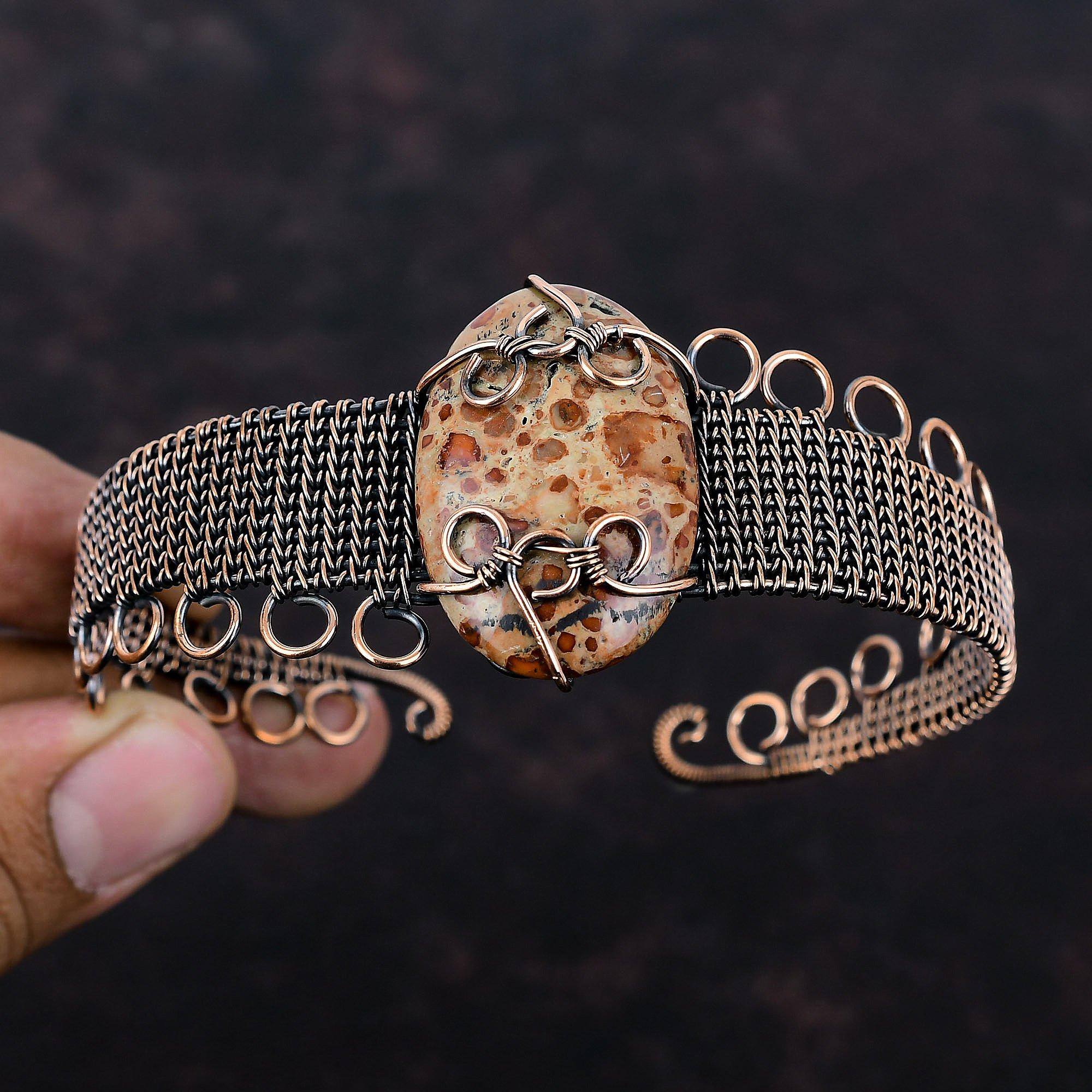 Астероид Яшма Браслет-манжета из меди с обмоткой из медной проволоки, браслет-манжета с драгоценным камнем, ювелирные изделия ручной работы с обмоткой из проволоки, регулируемый браслет-манжета, медные украшения, подарок для женщин