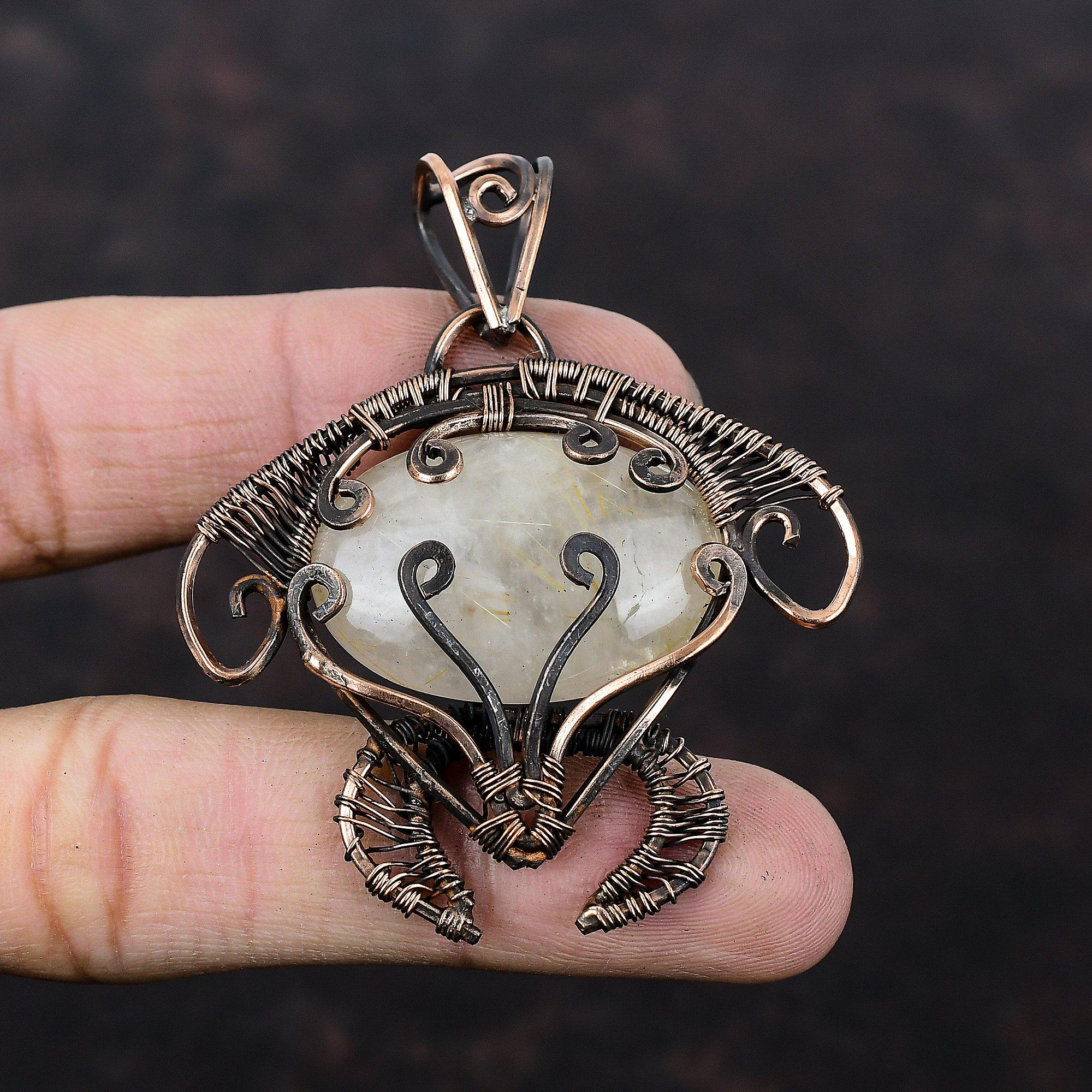 Золотой кулон с рутилом, кулон из медной проволоки, кулон ручной работы, черепаха, медные украшения, подвеска в стиле хиппи в стиле бохо, ювелирные изделия из драгоценных камней, подарок для нее