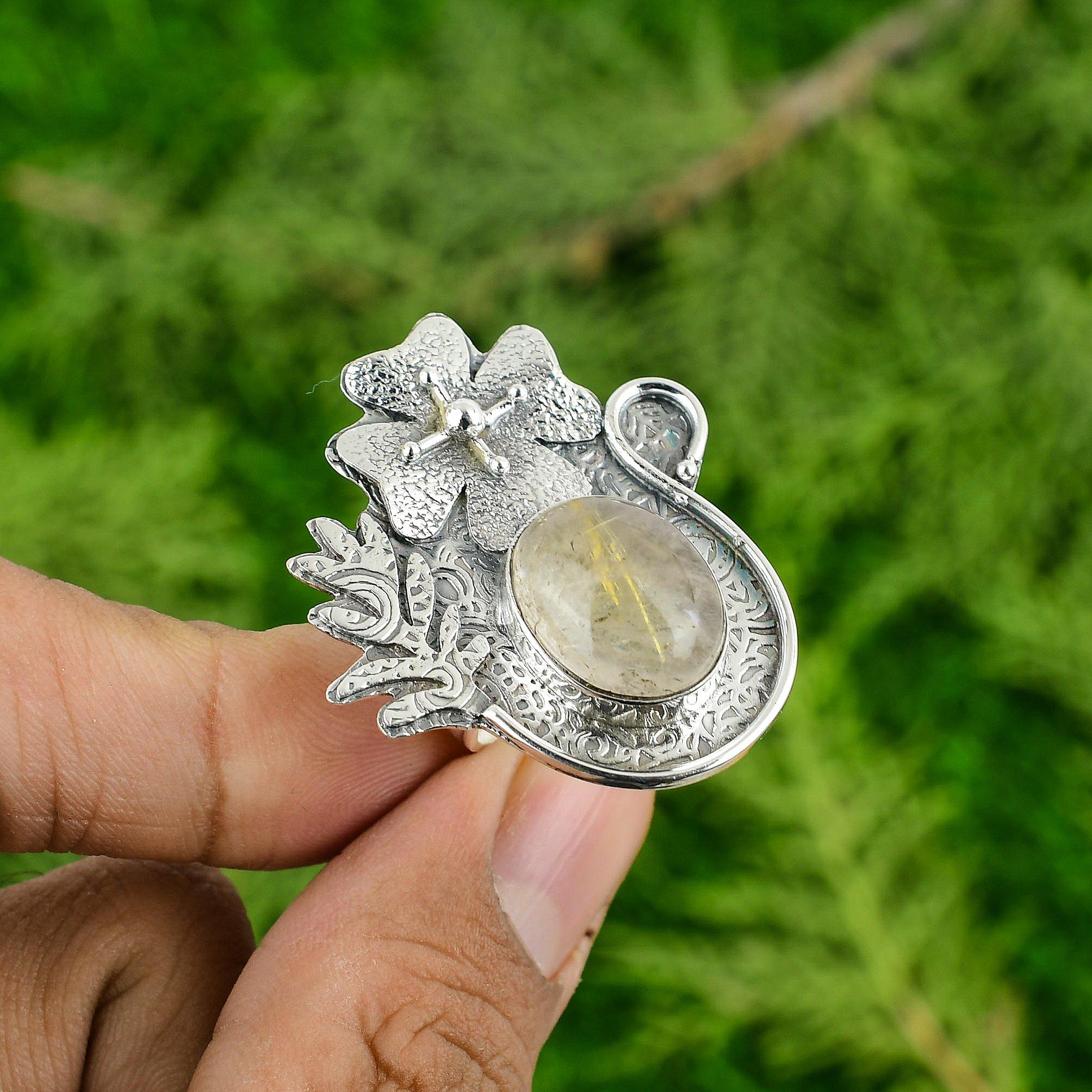 925 Sterling Silver Oval Natural Golden Rutile Bezel Wife Flower Solitaire Ring