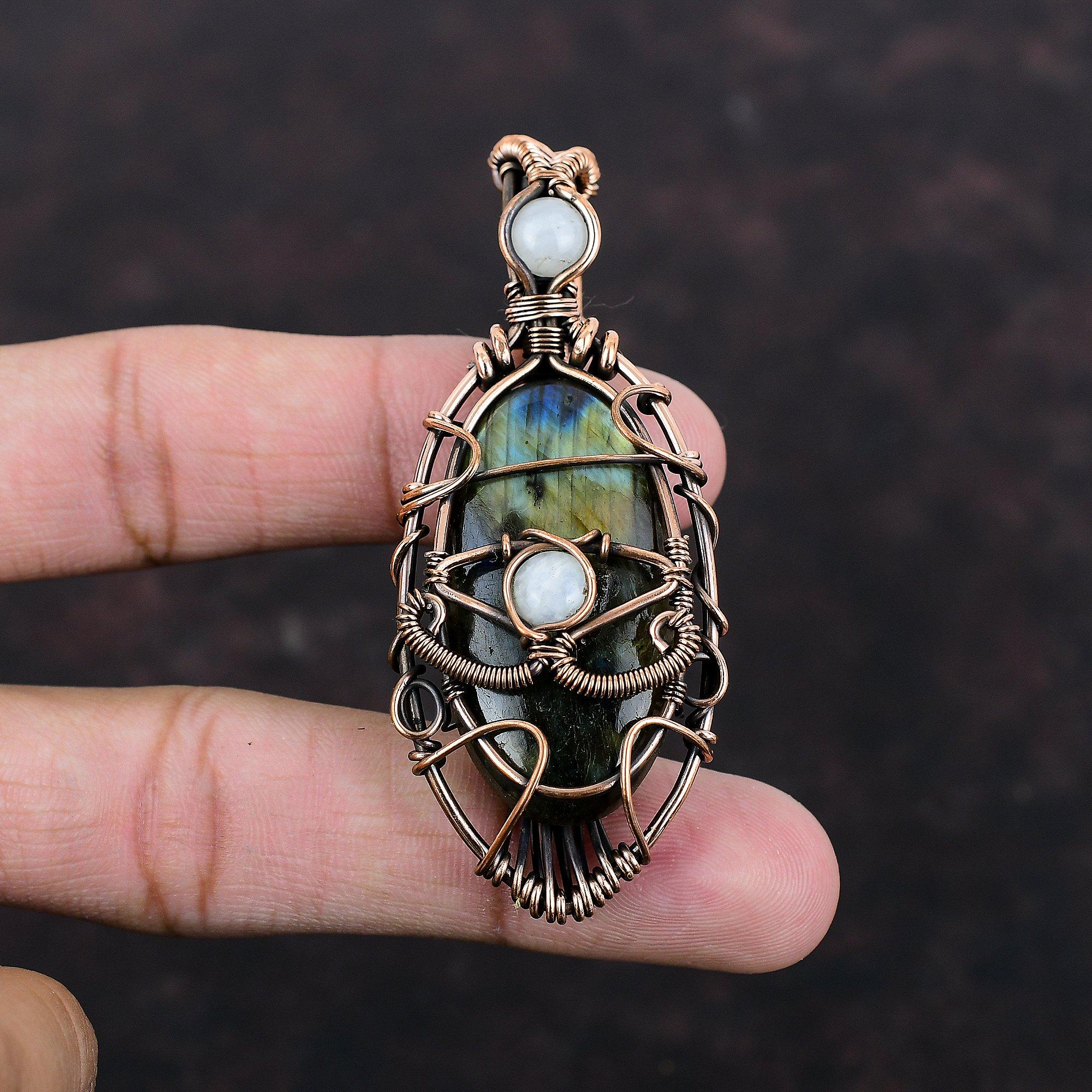 Подвеска с лабрадоритом от сглаза, медная проволока, подвеска с радужным лунным камнем, ювелирное изделие ручной работы, дизайнерский кулон, драгоценный камень, подарок для нее