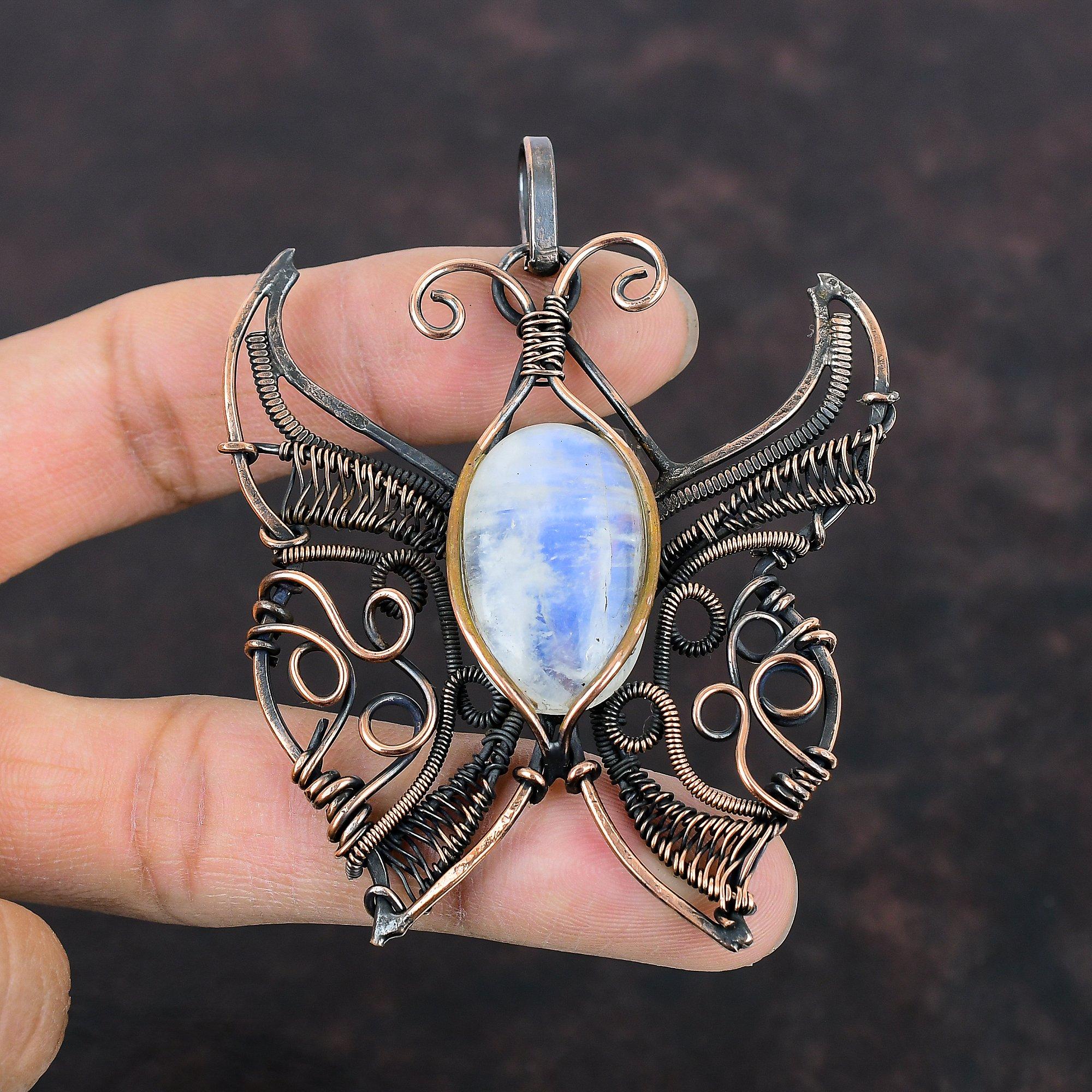 Подвеска Rainbow Moonstone, медная проволочная обертка, подвеска ручной работы в виде бабочки, медные украшения для подарков, подвеска Gemstone, проволочная обертка, ювелирные изделия