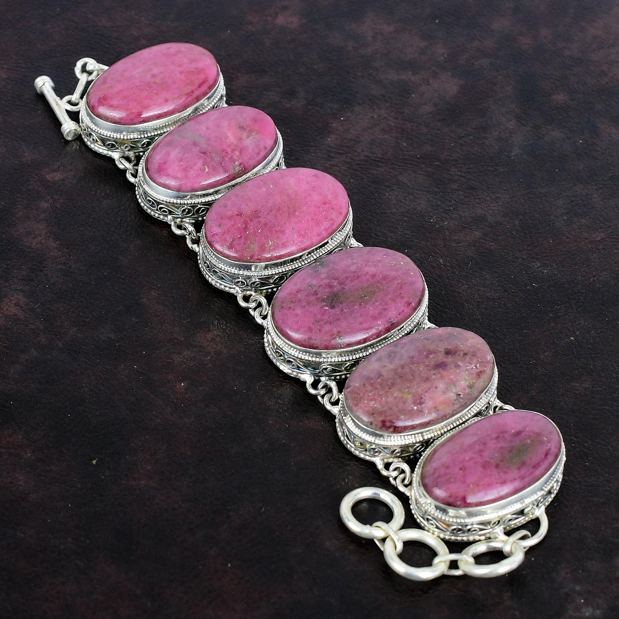 Rhodonite Gemstone Bracelet 925 Sterling Silver Bracelet Handmade Jewelry Adjustable Chain Bracelet Gifts For Mother Vintage Design Bracelet