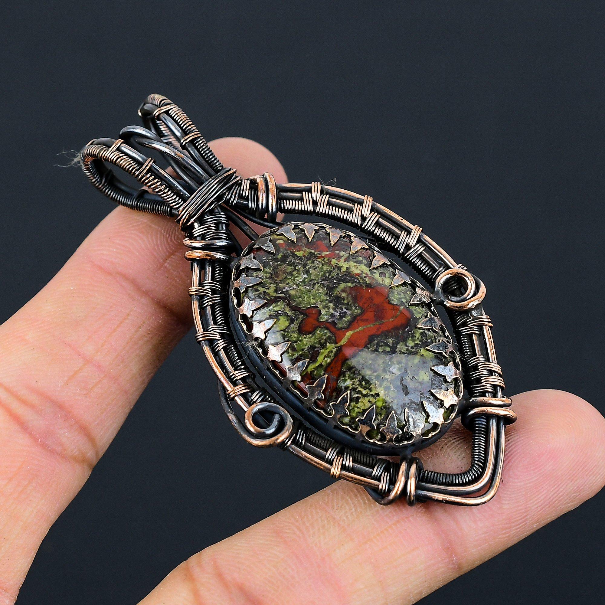 Dragon Blood Jasper Gemstone Pure Copper Wire Wrapped Handmade Pendant Jewelry