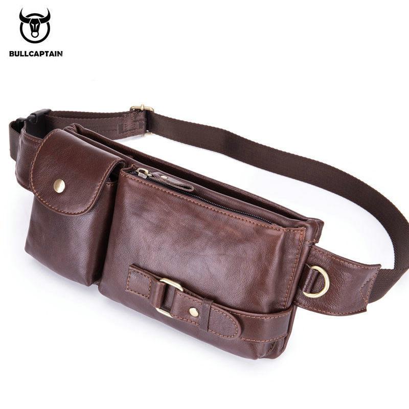 BULLCAPTAIN Real Leather Waist Packs Fanny Pack Belt Bag Phone Pouch Bags Travel Waist Pack Male Small Waist Bag Leather Pouch