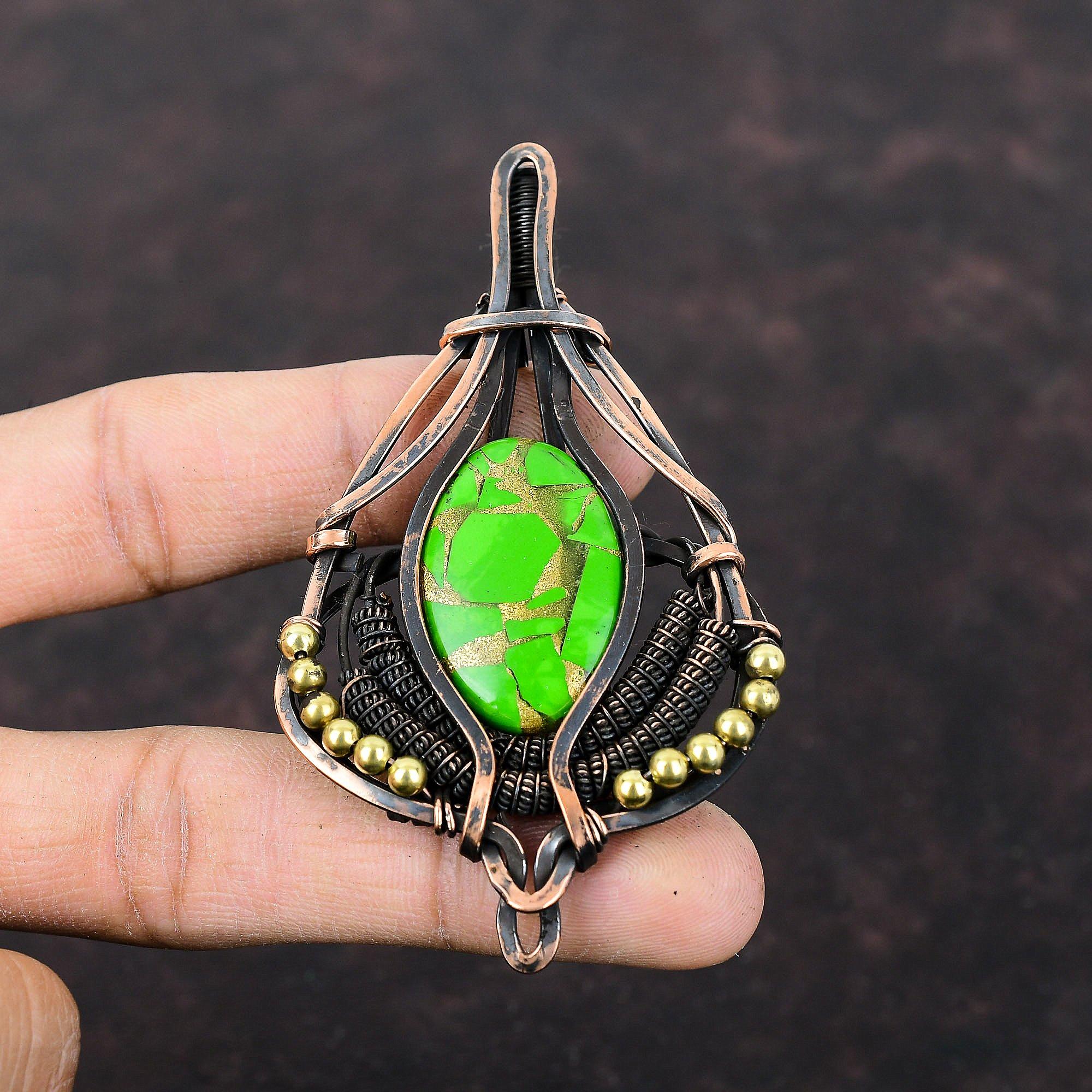 Медный зеленый бирюзовый кулон, медная проволочная обертка, кулон ручной работы, проволочная обертка, драгоценный камень, удивительный медный ювелирный подарок для жены