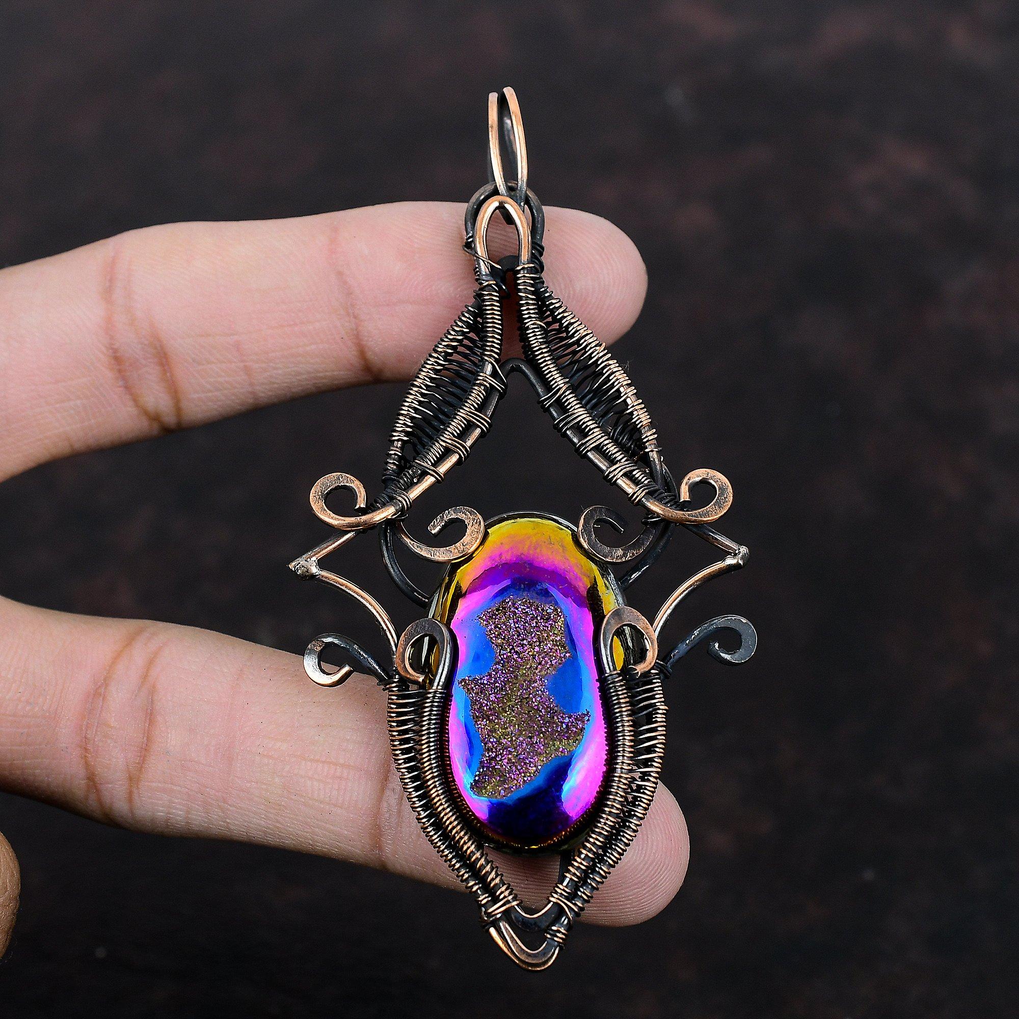 Подвеска из титановой друзы, подвеска из медной проволоки, подвеска ручной работы, красивое медное ювелирное изделие, подвеска из драгоценного камня, подвеска из проволоки, подарок для него