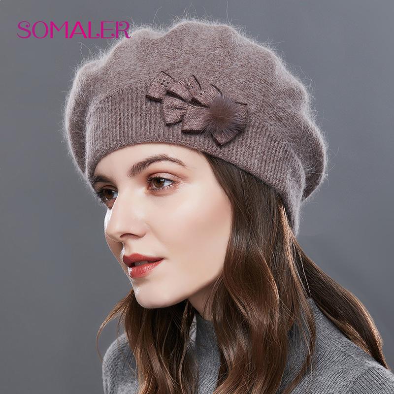 SOMALER Cashmere Winter Beret Hats for Women Knitted Middle-aged Lady Caps Bowknot Decoration On Side
